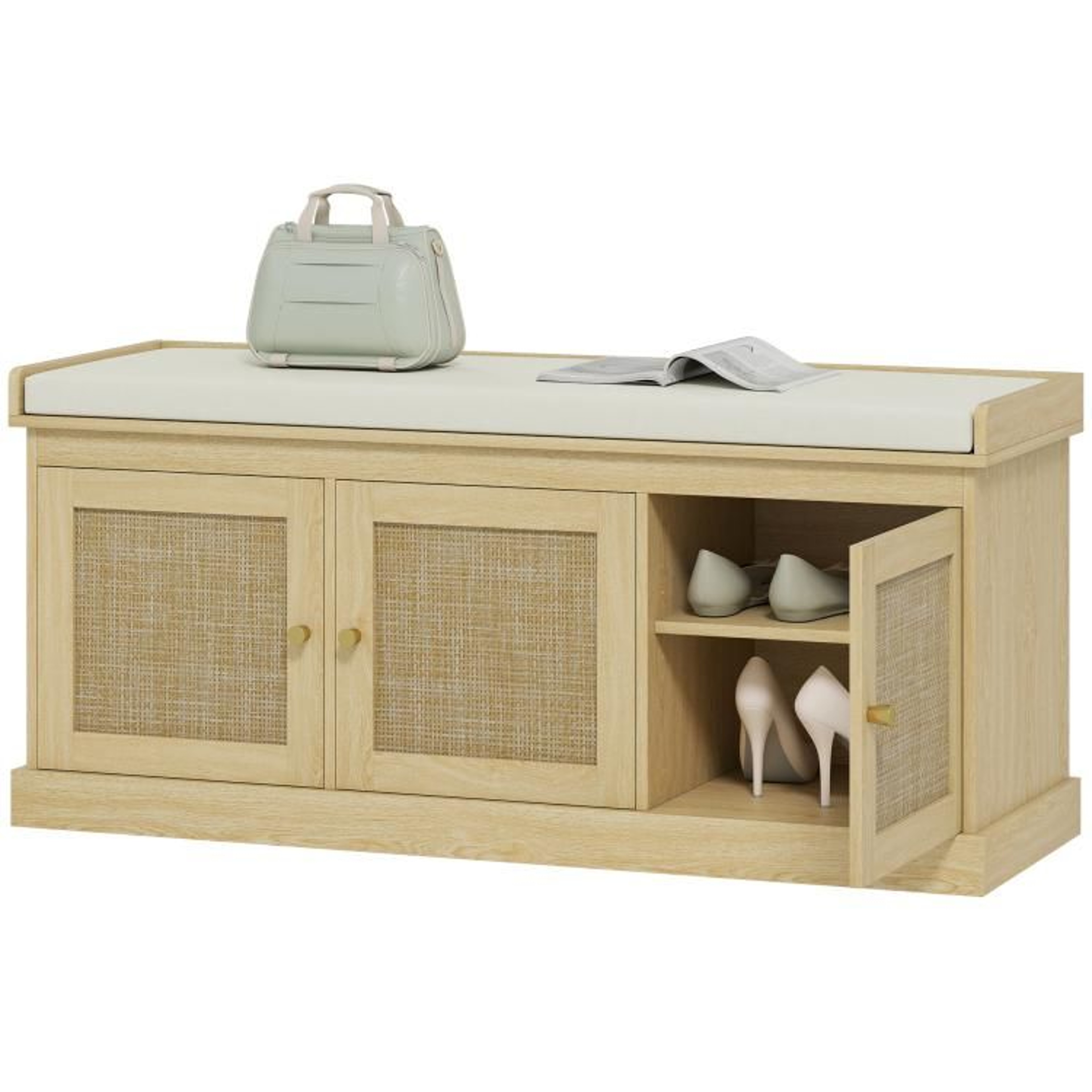 Shoe Storage Bench With Woven Rattan Doors And Cushioned Seat  Oak Tone 1