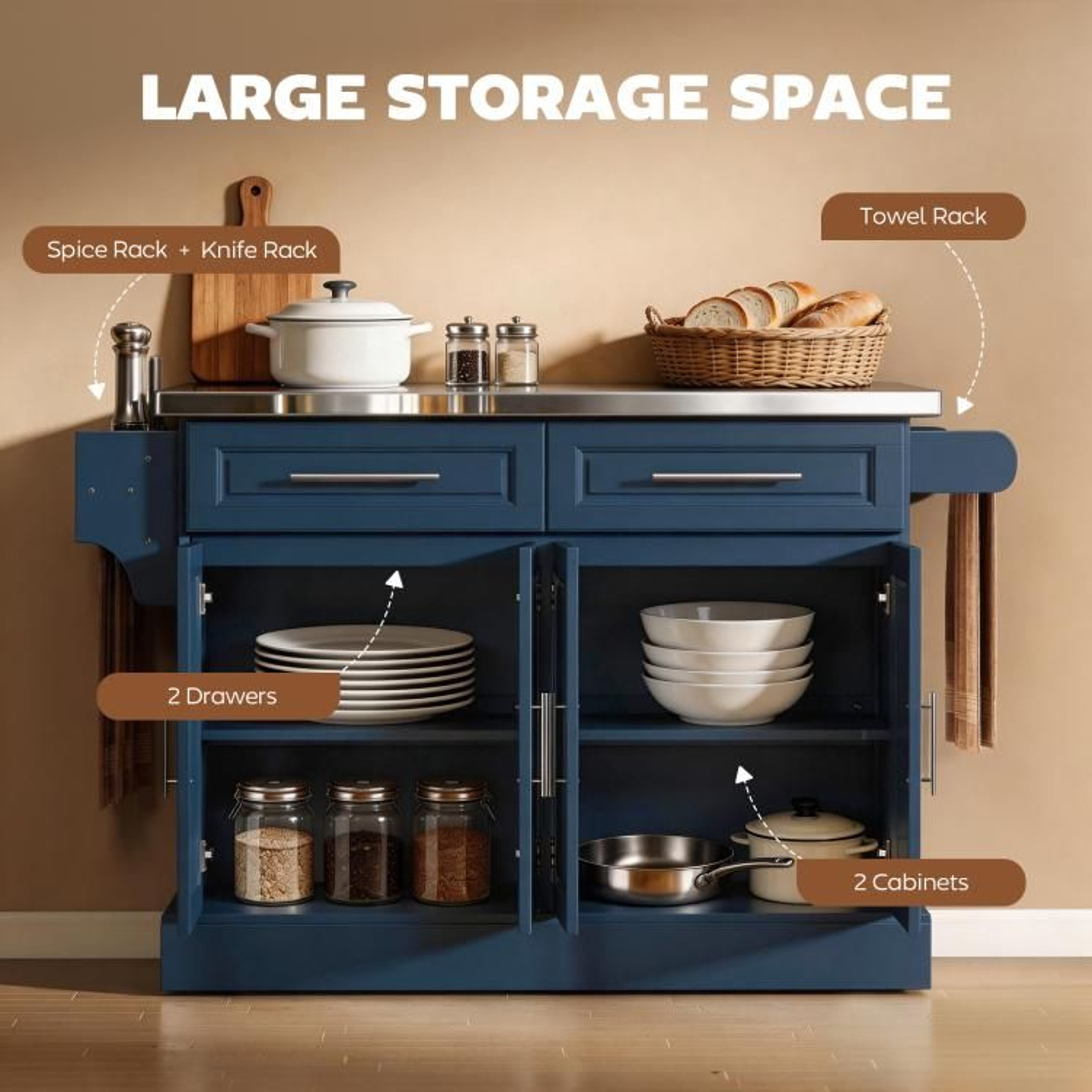Rolling Kitchen Island With Stainless Steel Top And Storage Cabinets  Navy Blue 5
