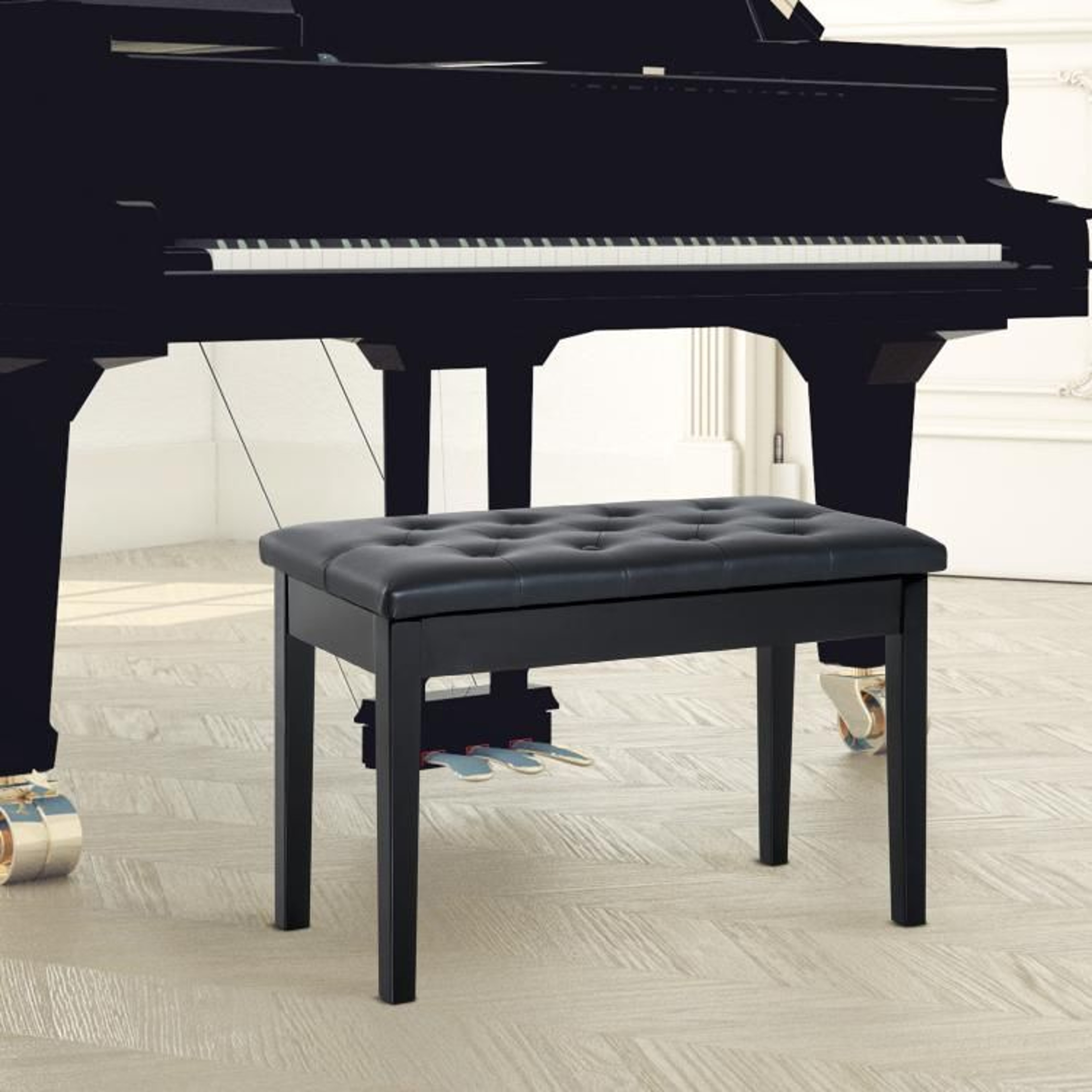 Duet Piano Bench With Tufted Faux Leather Cushion And Wooden Frame  Black 2
