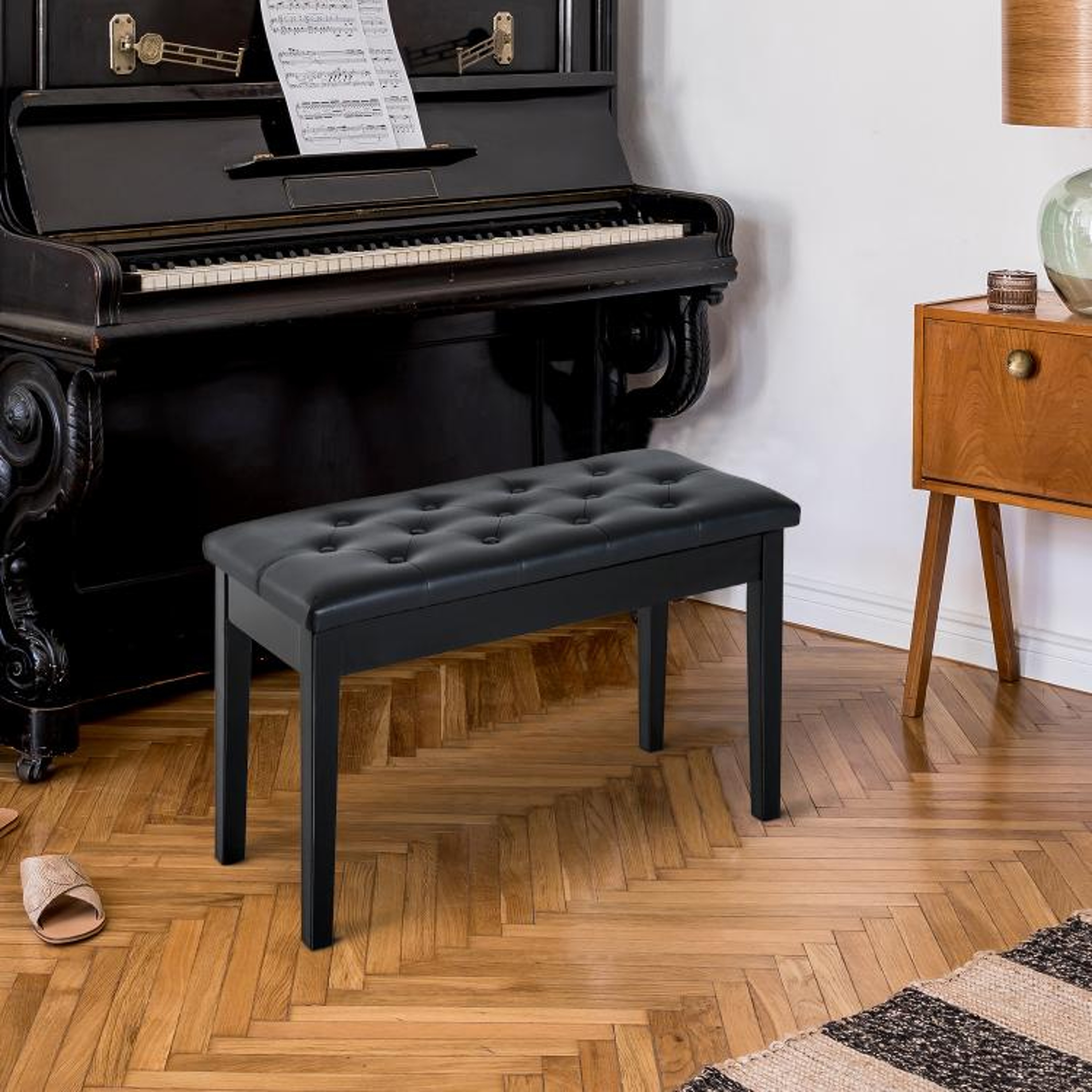 Duet Piano Bench With Tufted Faux Leather Cushion And Wooden Frame  Black 3