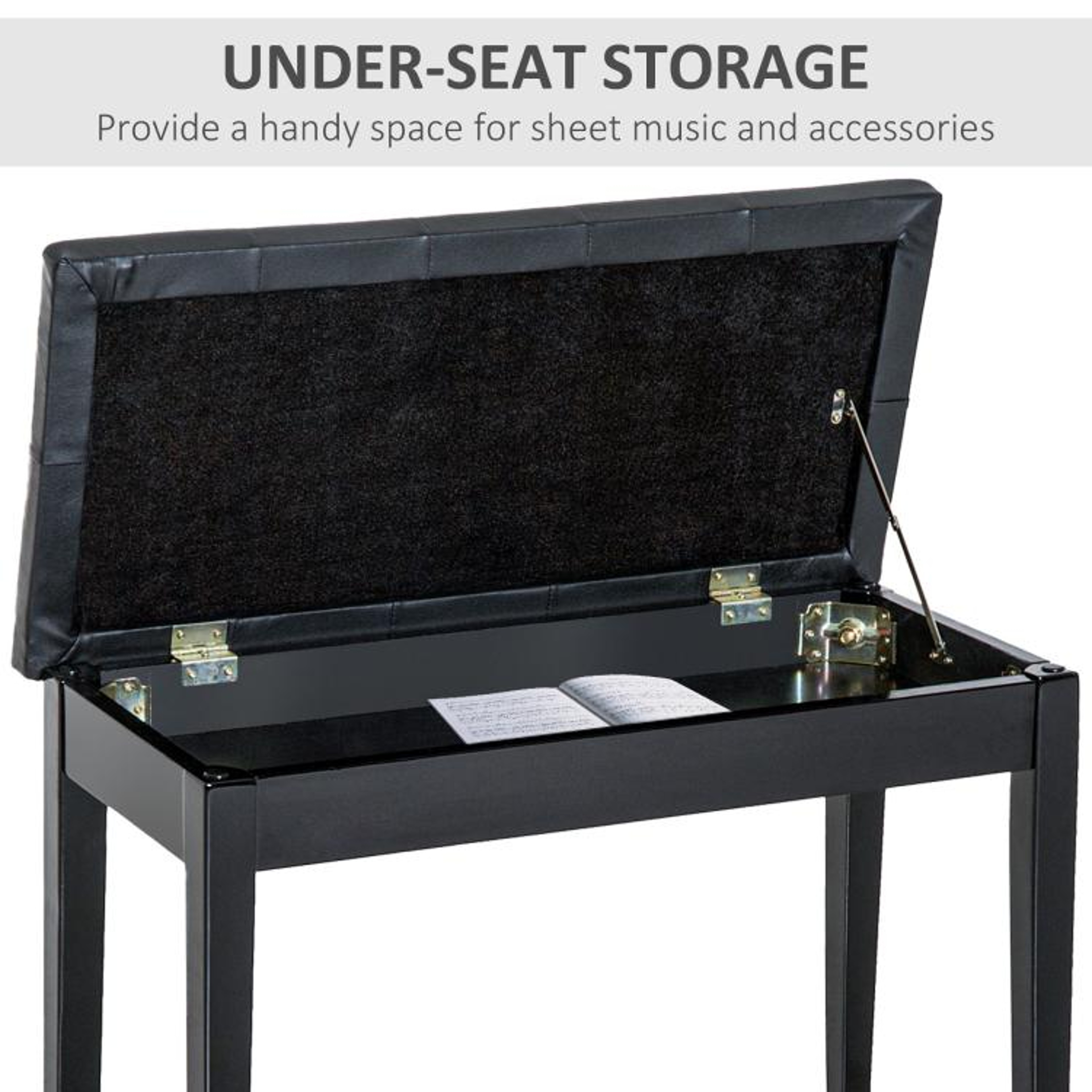 Duet Piano Bench With Tufted Faux Leather Cushion And Wooden Frame  Black 4