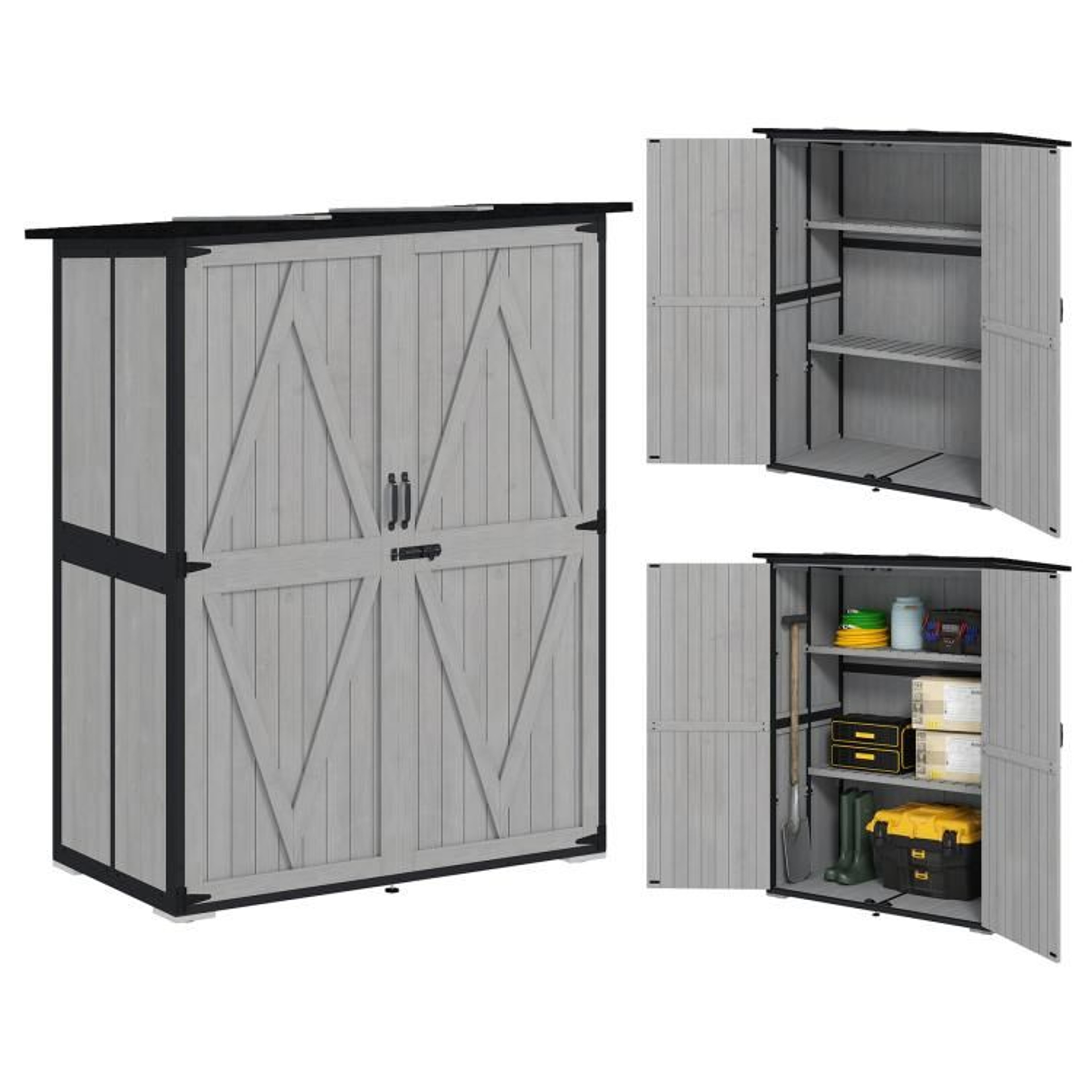 Outdoor Wooden Storage Shed With Asphalt Roof And Adjustable Shelves  Gray 0