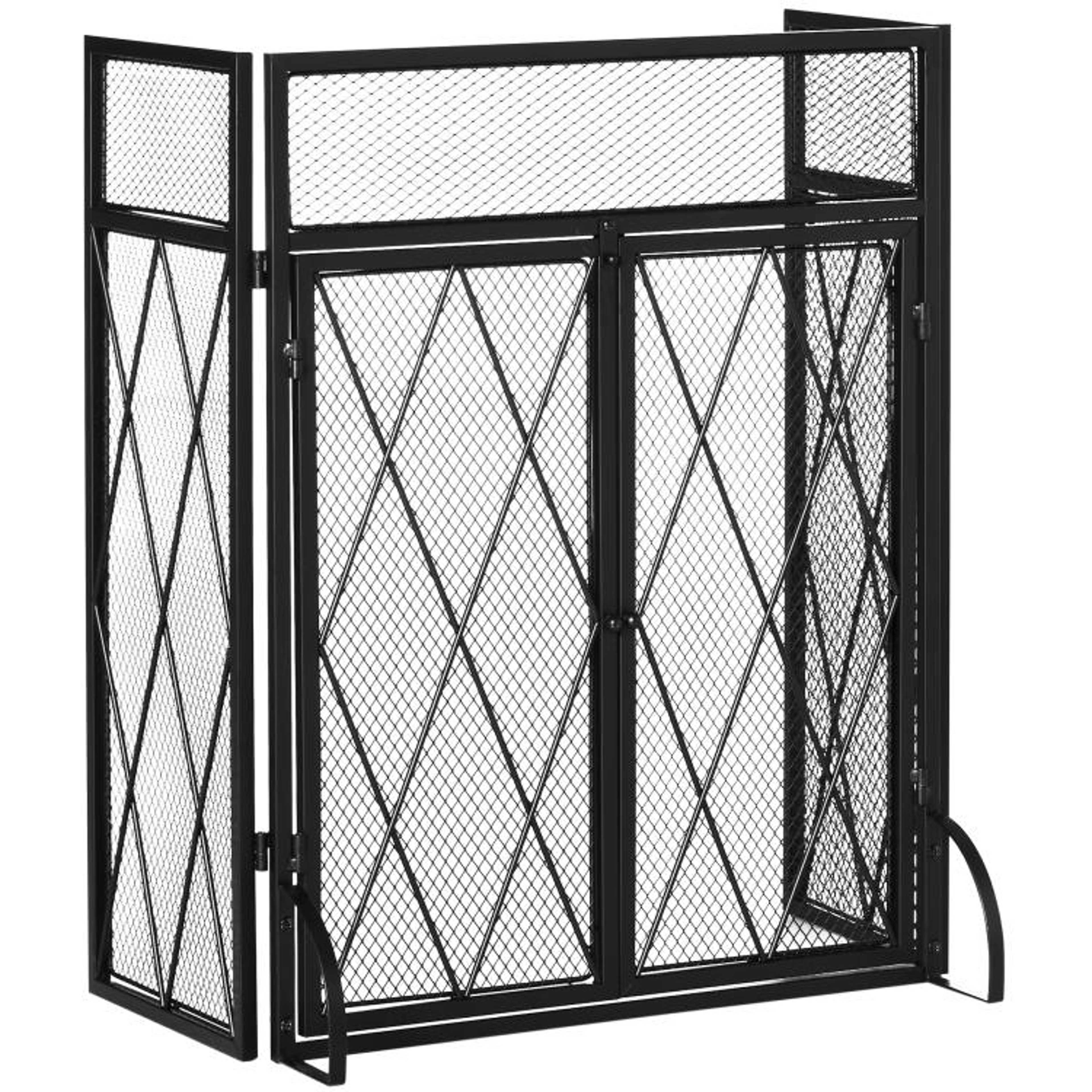 Folding Fireplace Screen With Double Doors  Black Steel Spark Guard 1