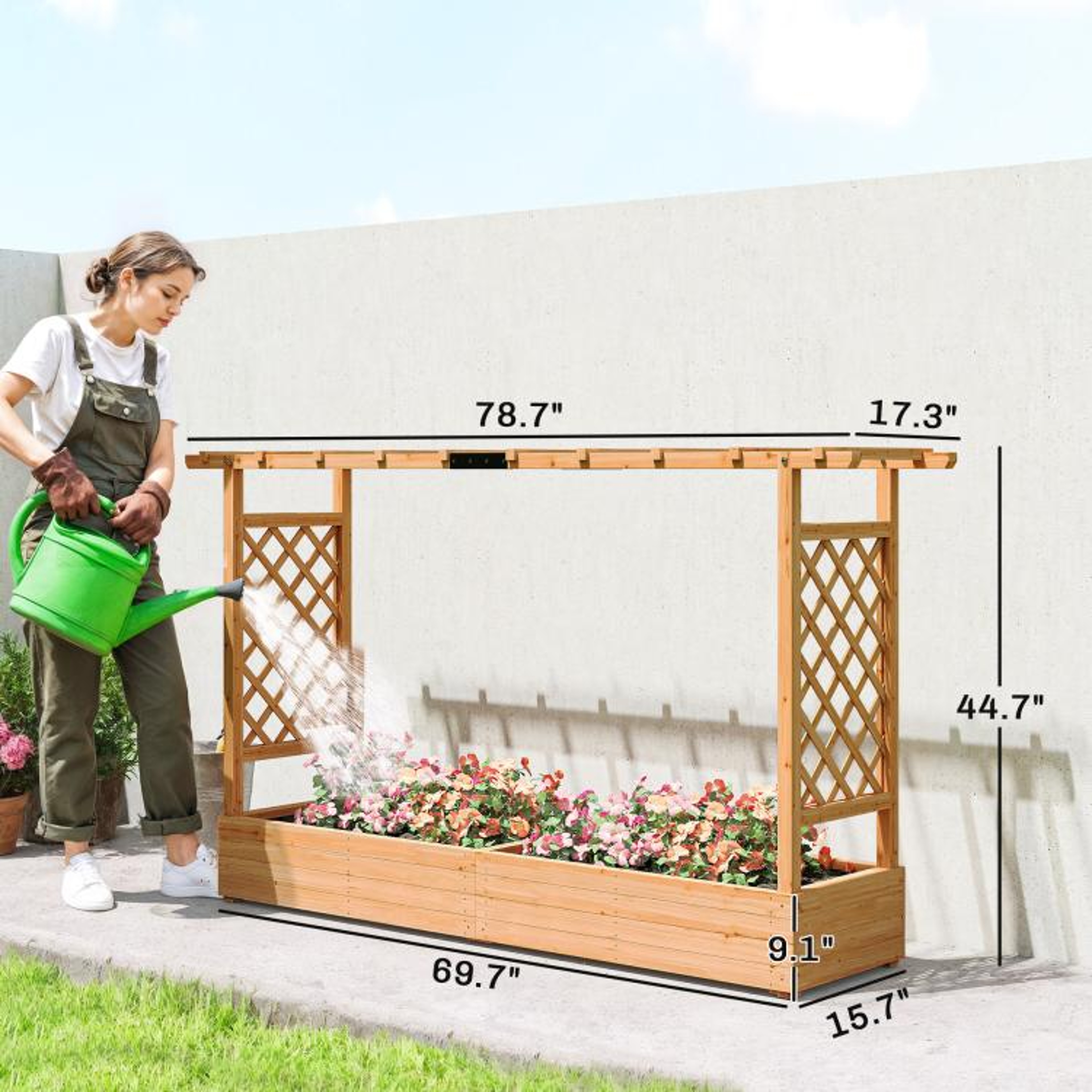 Wooden Planter Box With Arched Trellis And Drainage Holes For Climbing Plants 4