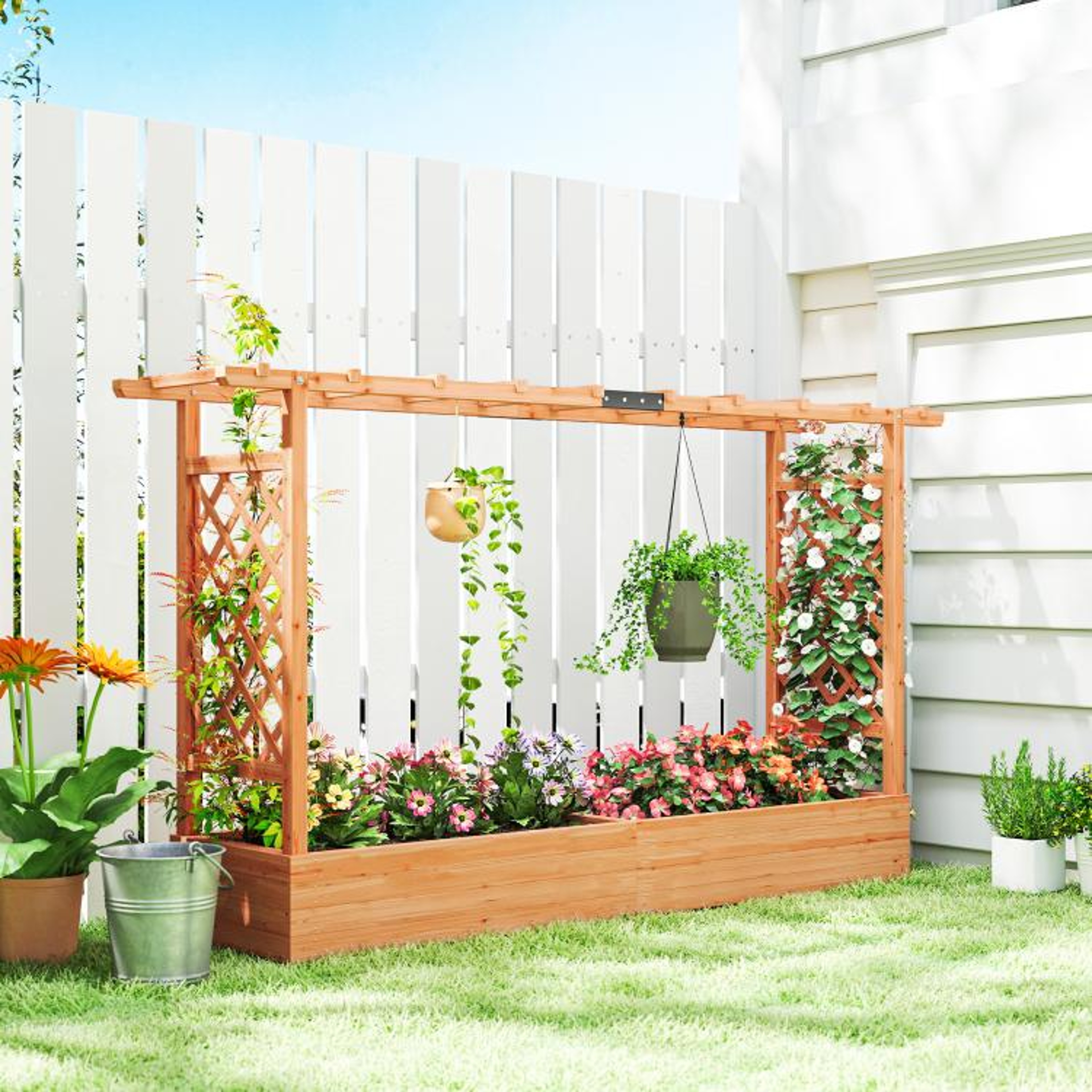 Wooden Planter Box With Arched Trellis And Drainage Holes For Climbing Plants 2