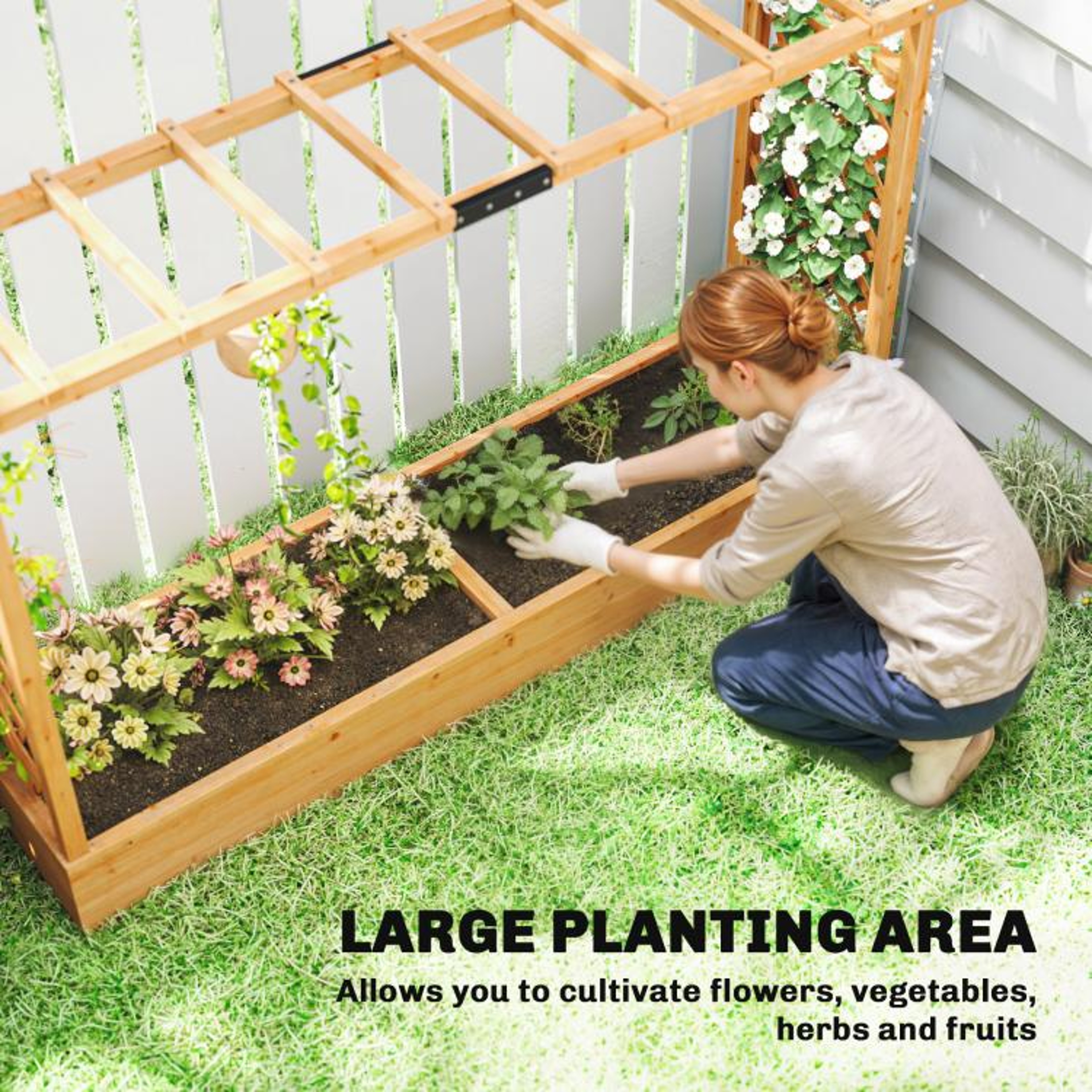 Wooden Planter Box With Arched Trellis And Drainage Holes For Climbing Plants 7