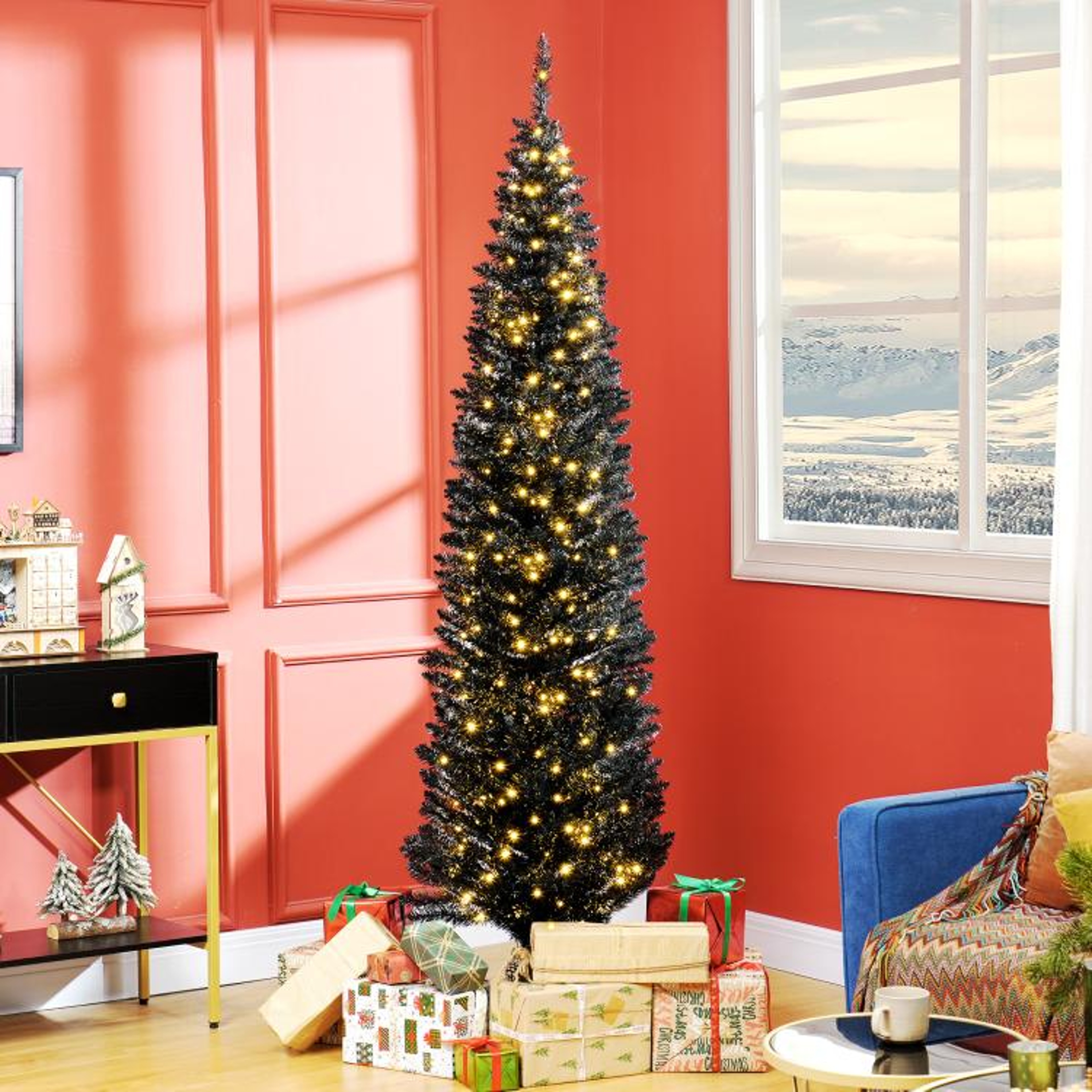 7 Ft Slim Pencil Christmas Tree With Warm White LED Lights  Black 2