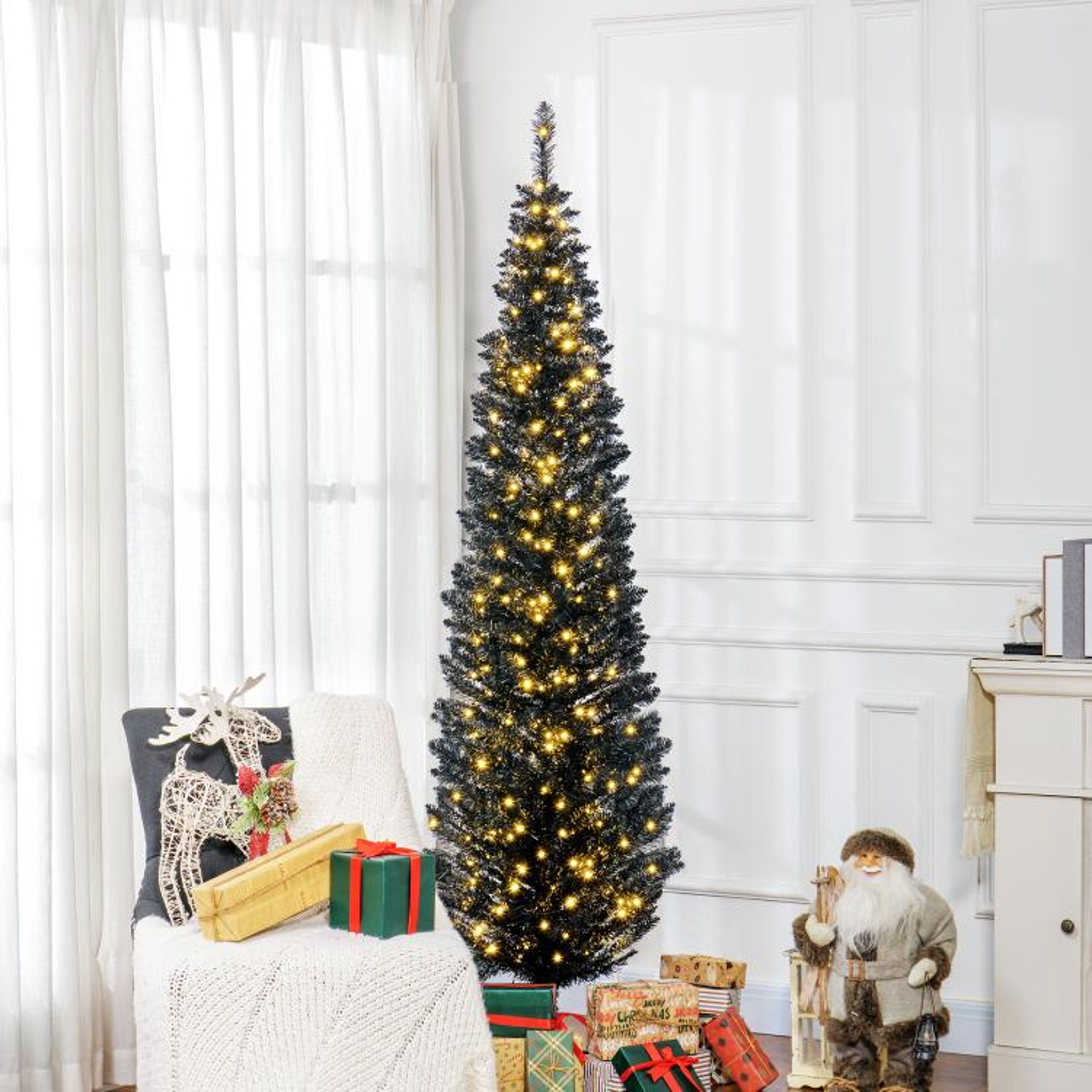 7 Ft Slim Pencil Christmas Tree With Warm White LED Lights  Black 3