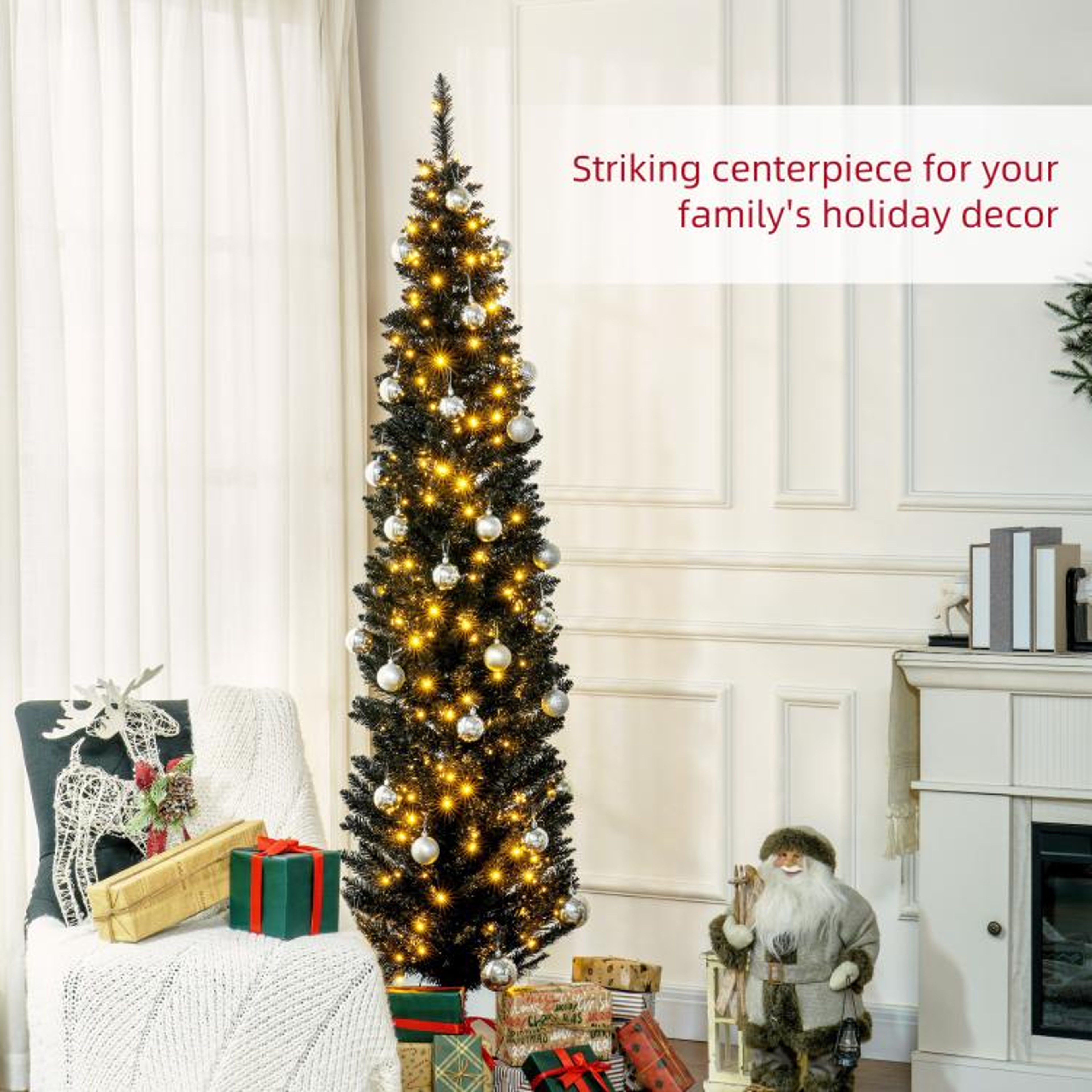 7 Ft Slim Pencil Christmas Tree With Warm White LED Lights  Black 5