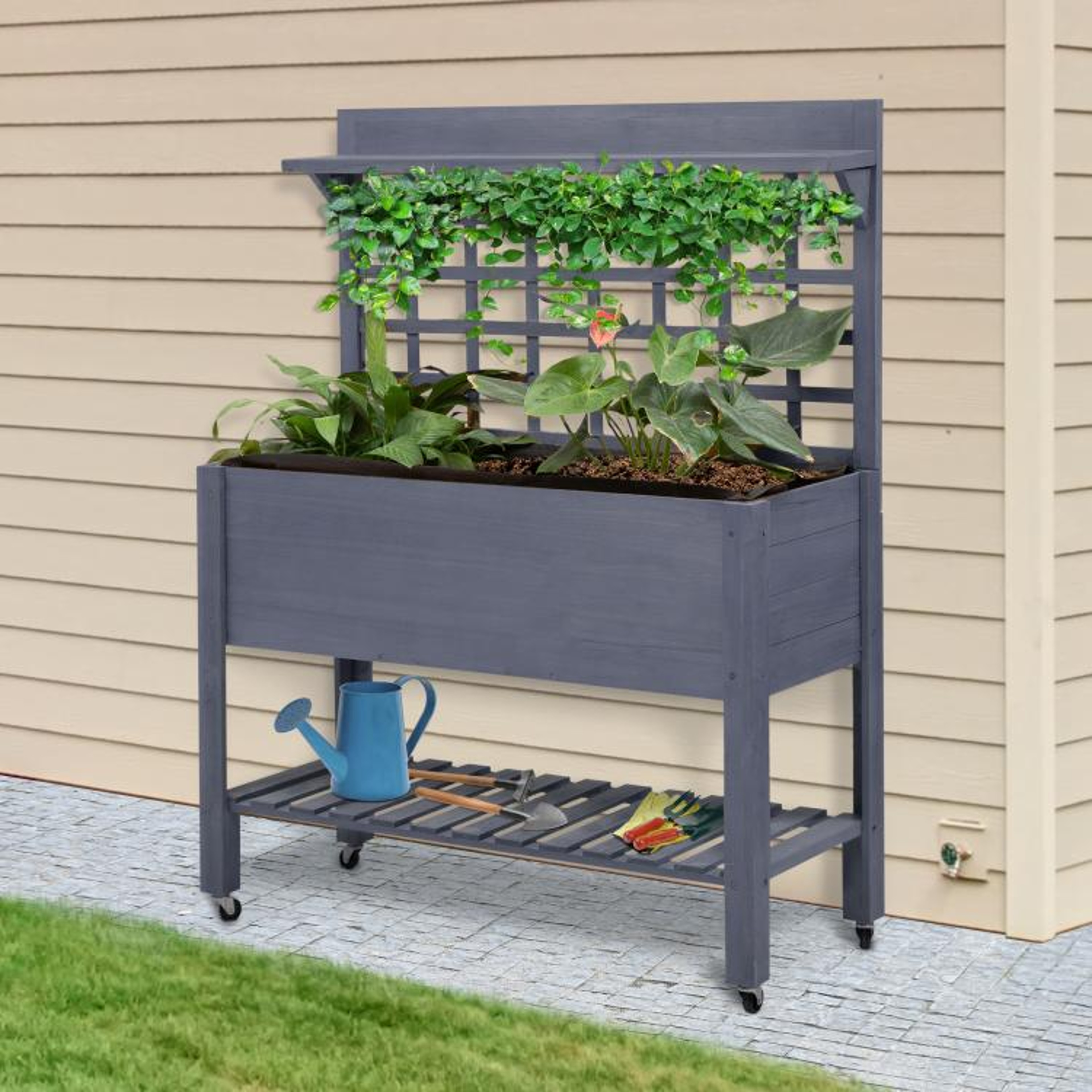 Raised Garden Bed With Wheels And Trellis  Wooden Planter Box In Gray 2