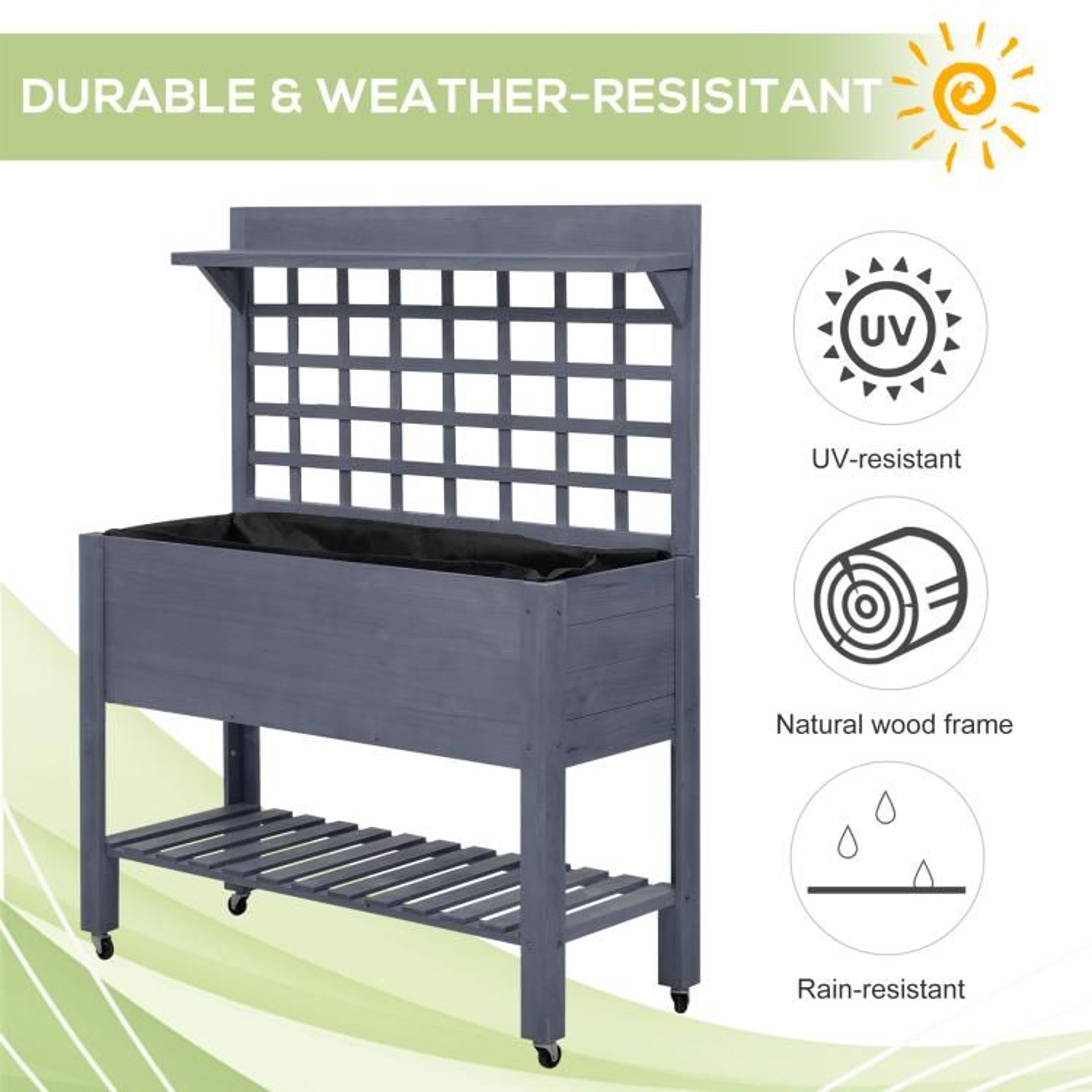 Raised Garden Bed With Wheels And Trellis  Wooden Planter Box In Gray 5