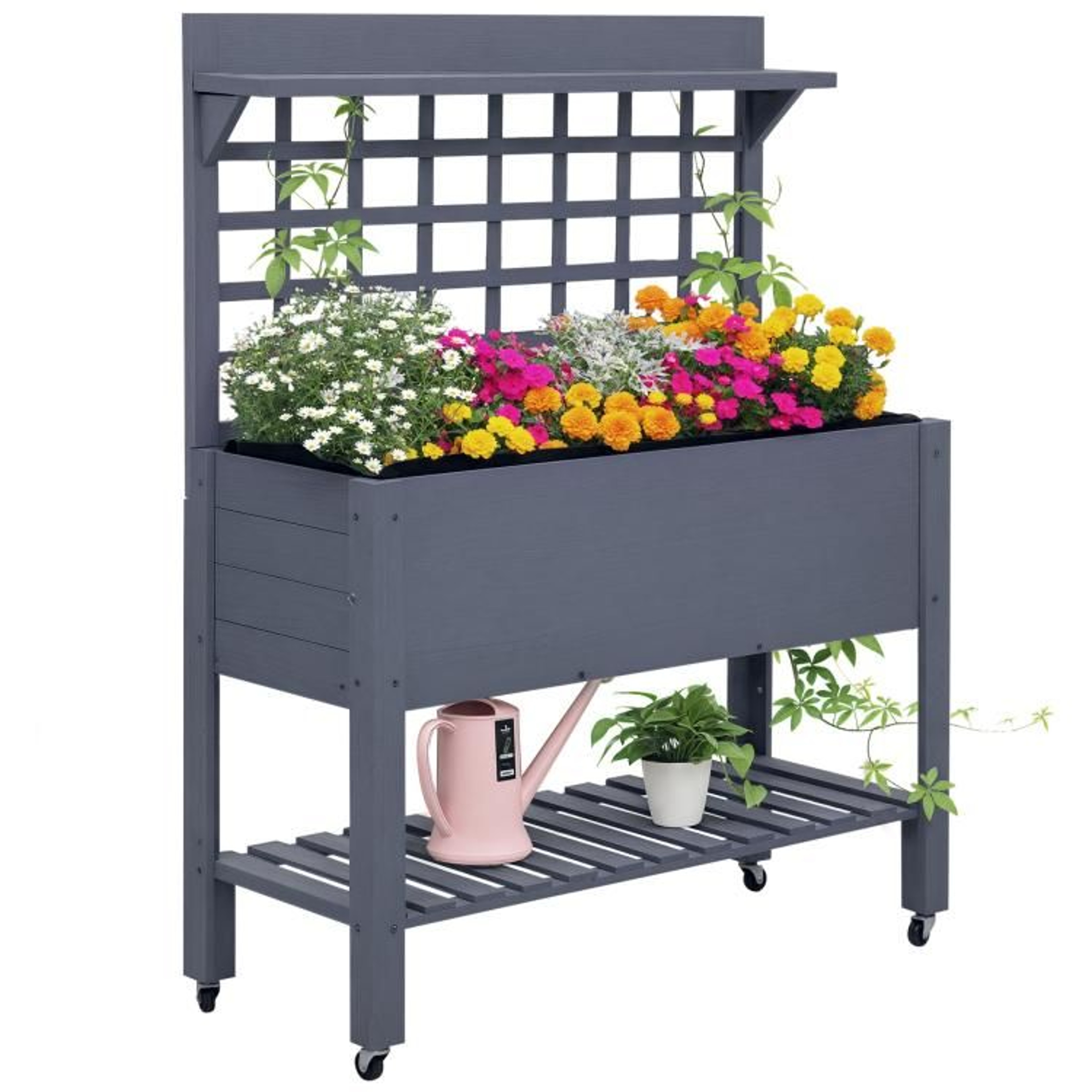 Raised Garden Bed With Wheels And Trellis  Wooden Planter Box In Gray 0