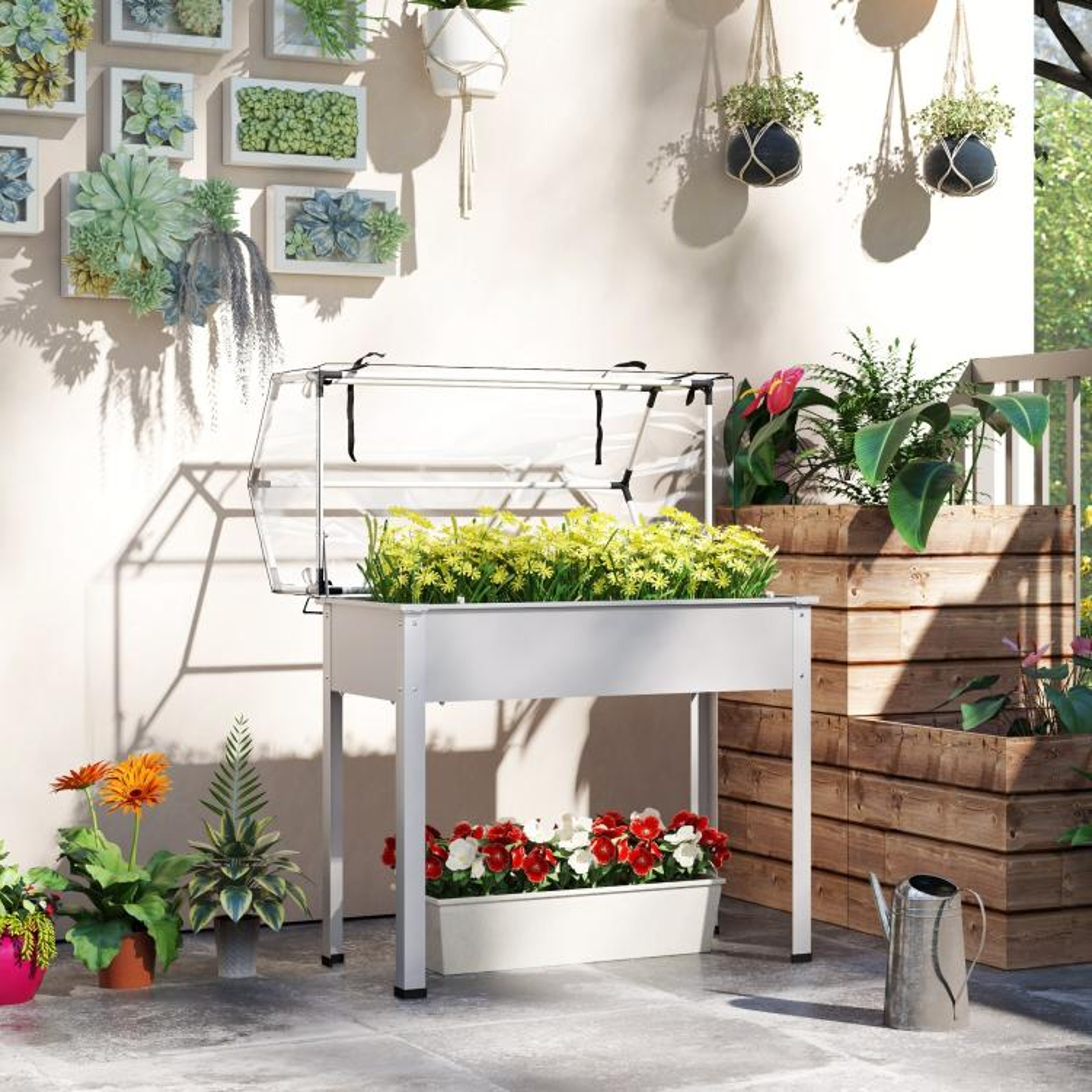 Elevated Raised Garden Bed With Greenhouse Cover And Drainage Hole  White 1