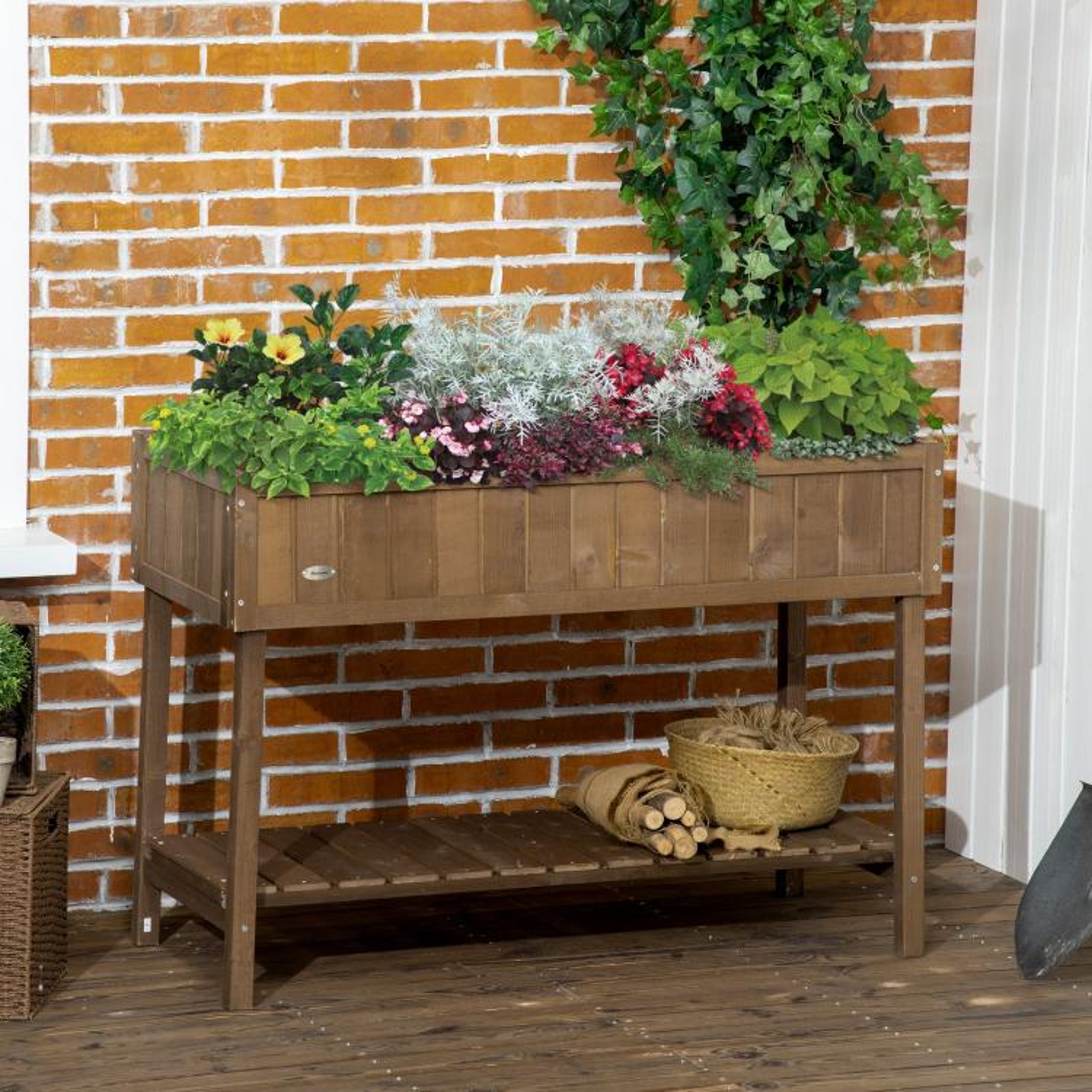 Wooden Raised Garden Bed With 8 Planting Sections And Storage Shelf  Dark Brown 2