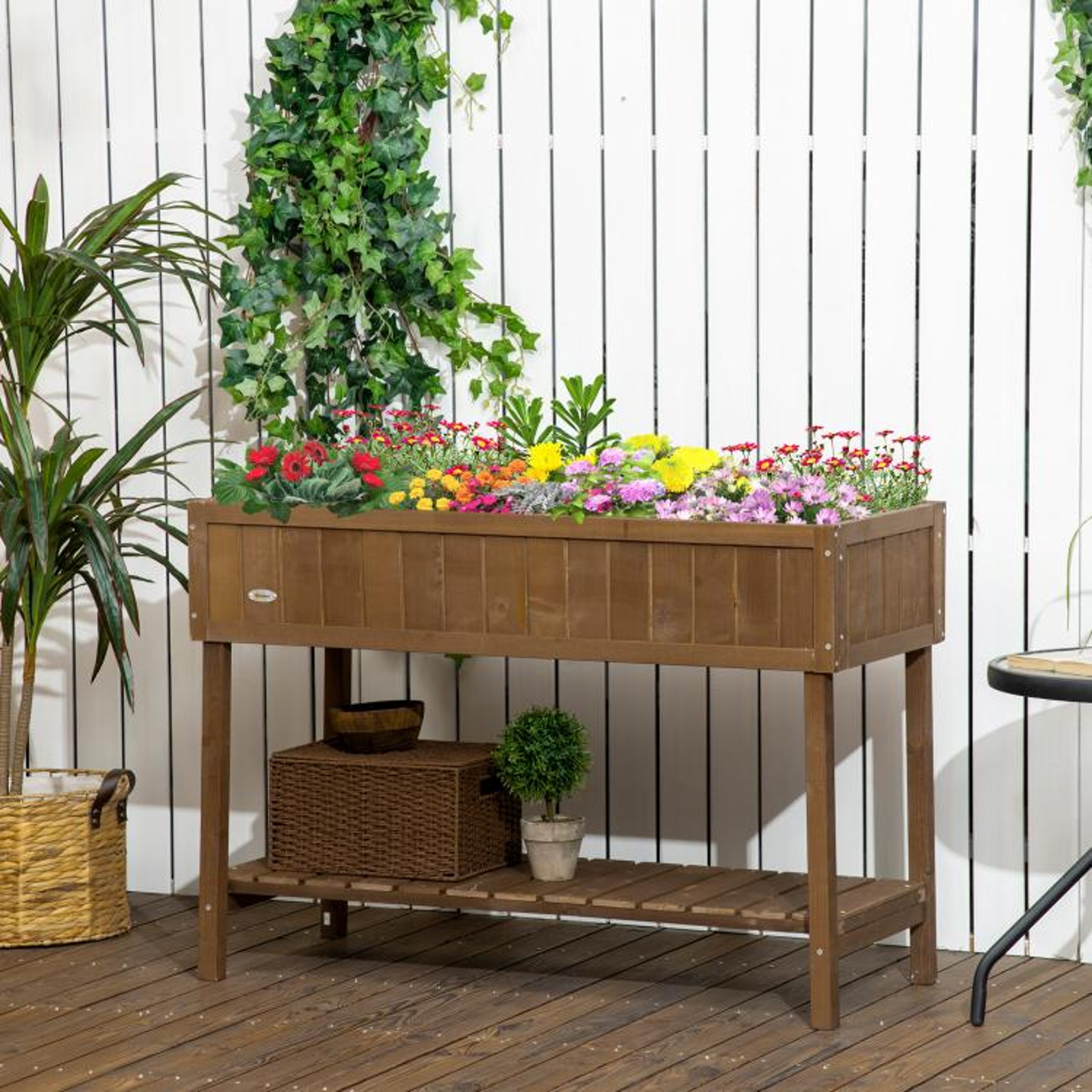 Wooden Raised Garden Bed With 8 Planting Sections And Storage Shelf  Dark Brown 3