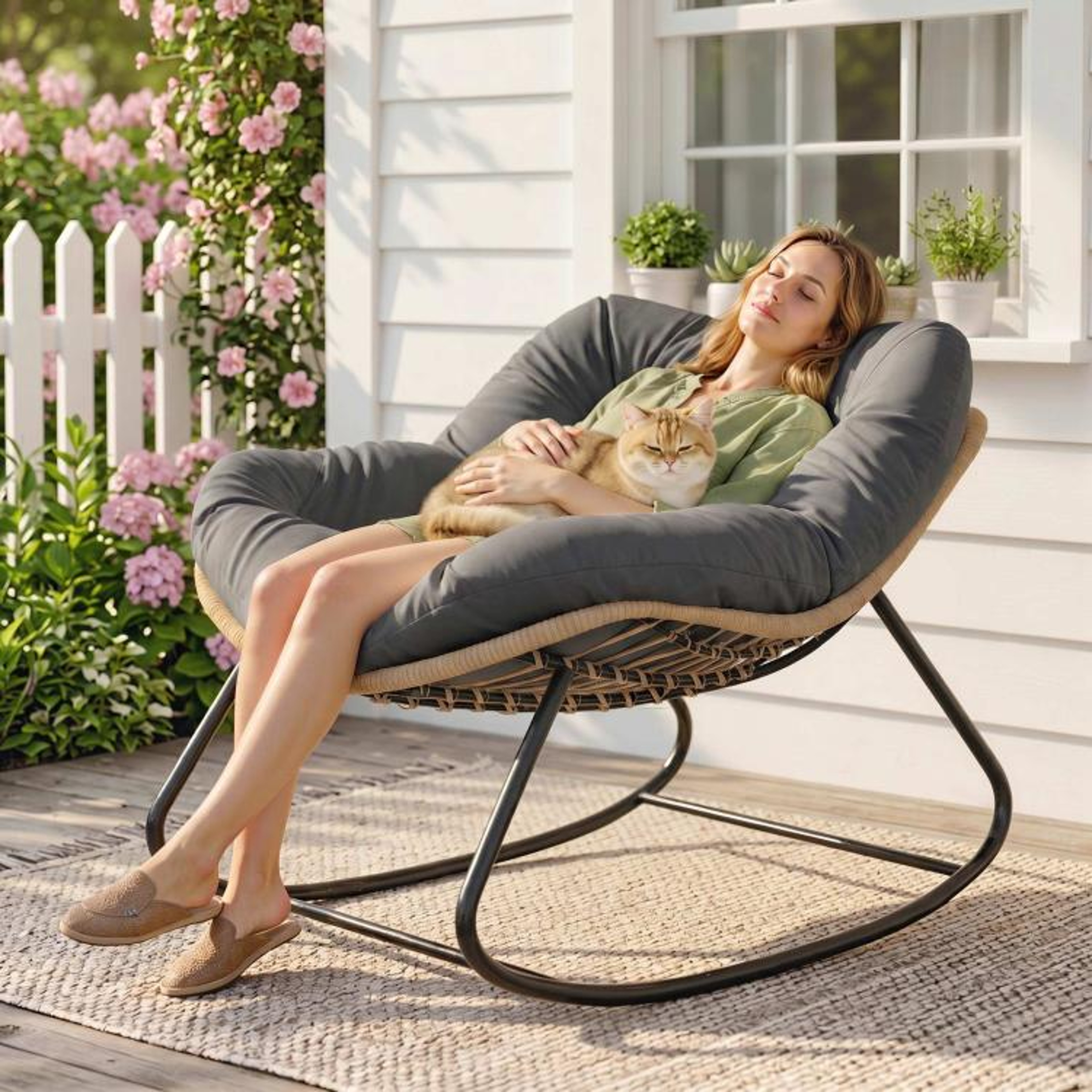 Oversized Papasan Rocking Egg Chair With Cushion For Indoor Outdoor Use 3