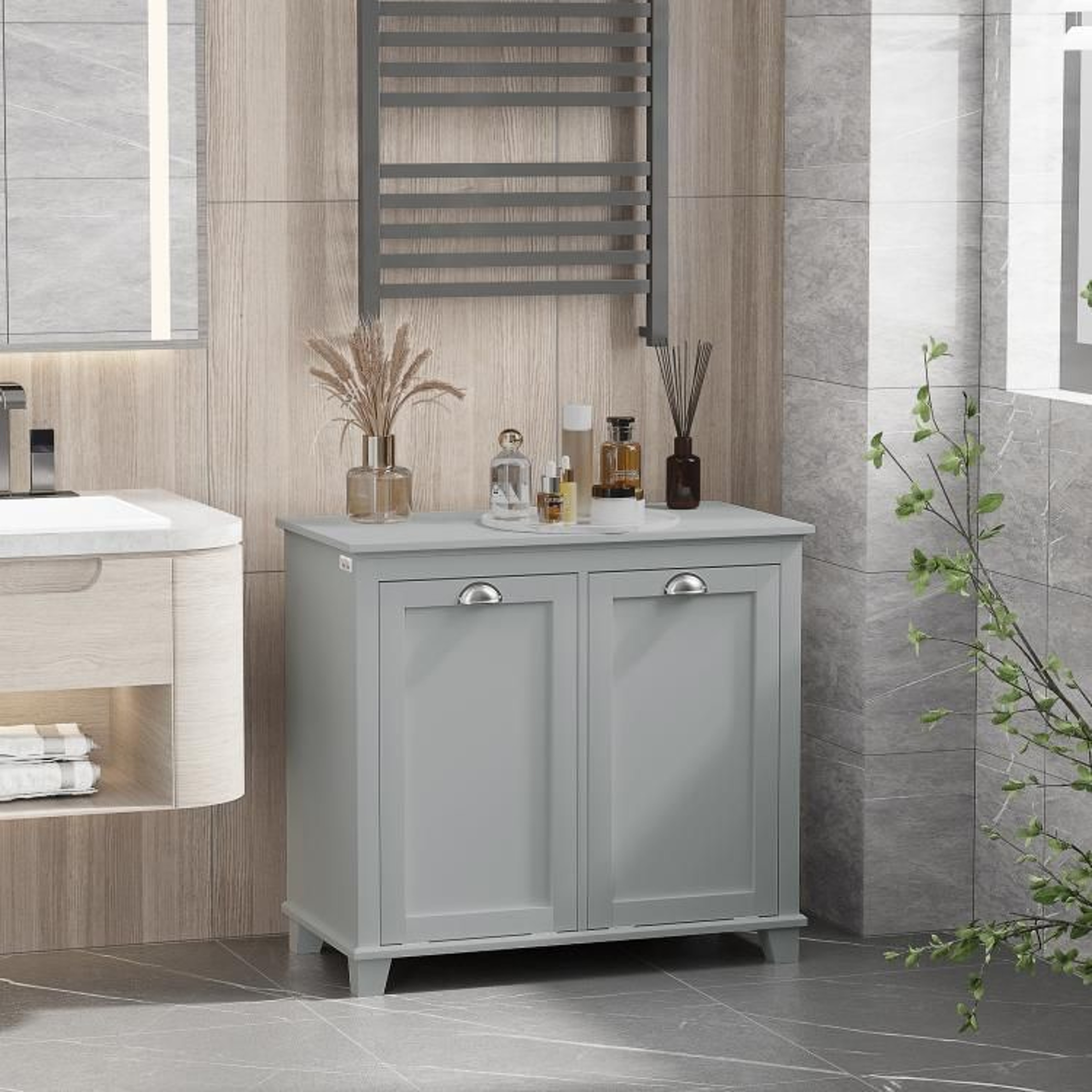 Dual TiltOut Laundry Hamper Cabinet With 2 Compartments  Gray 2