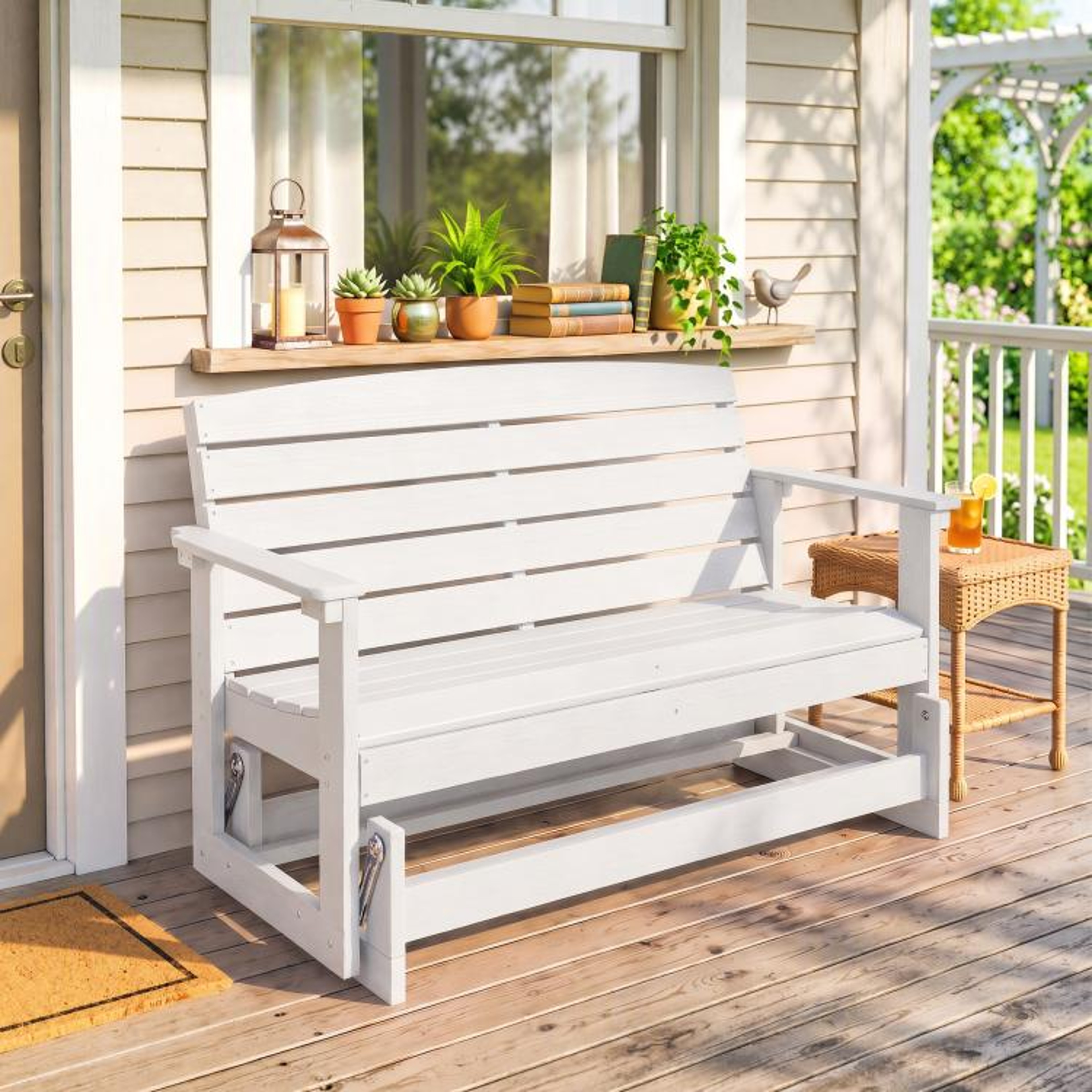 Outdoor Patio Glider Bench With HDPE Slatted Seat For Two  White 2
