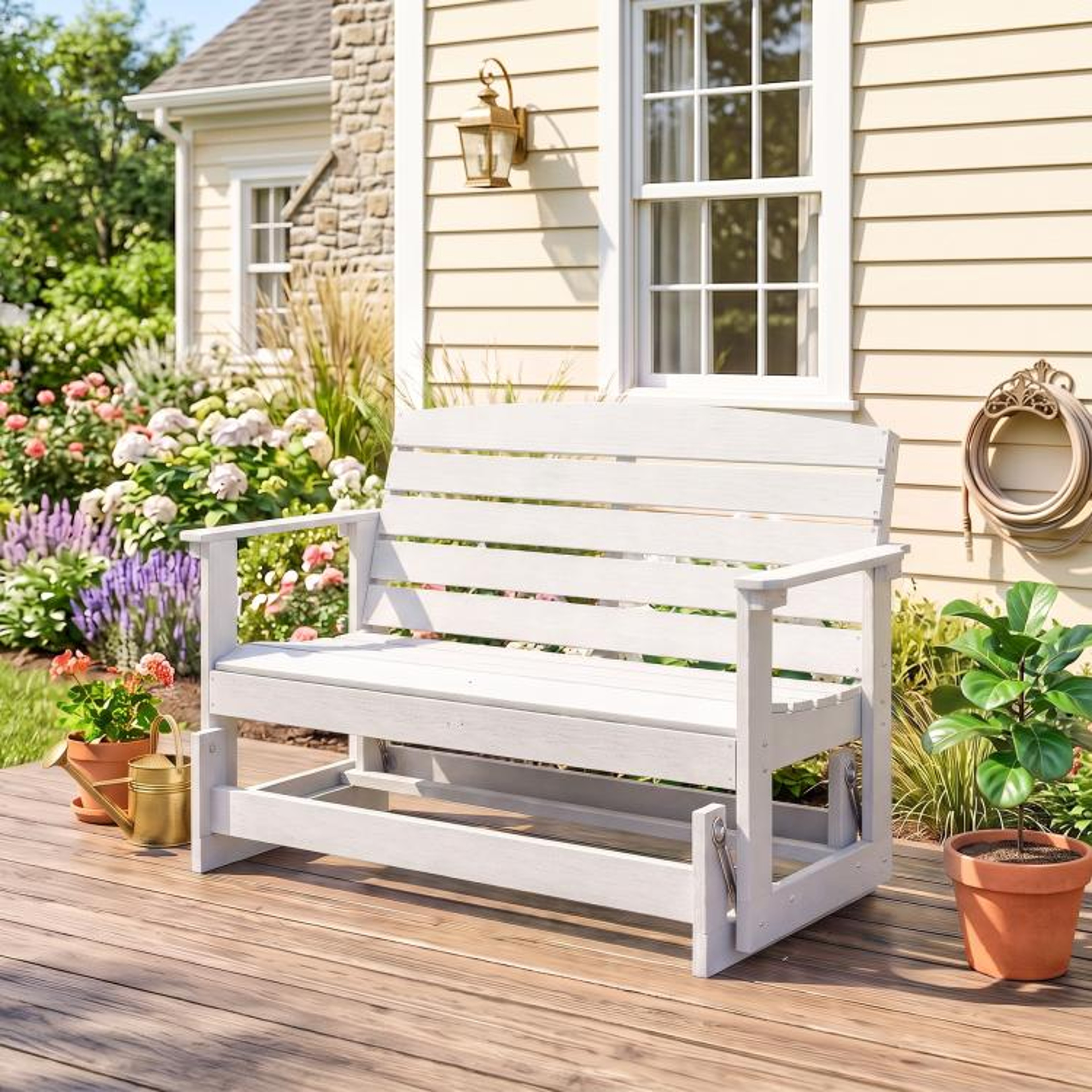 Outdoor Patio Glider Bench With HDPE Slatted Seat For Two  White 3