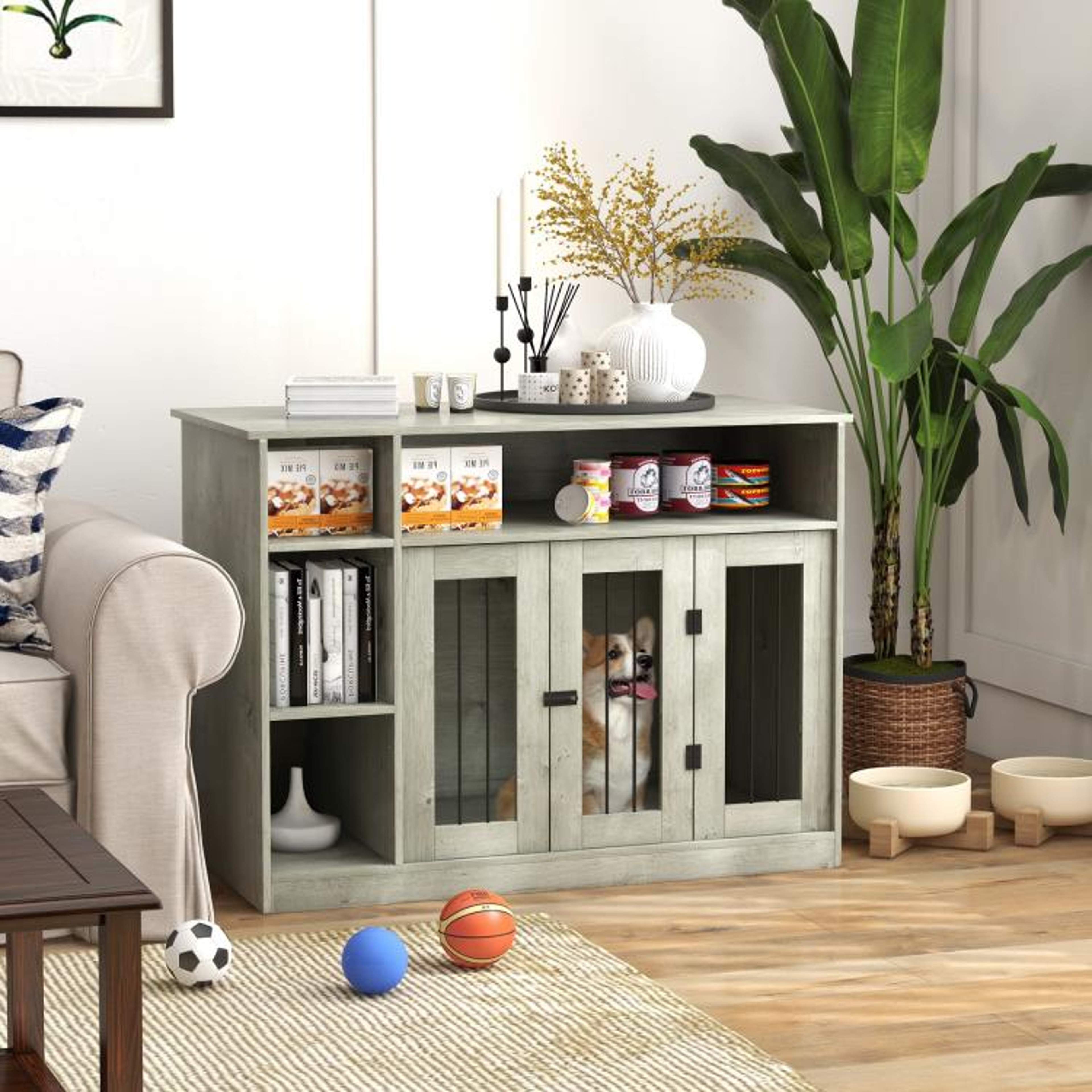 Dog Crate Furniture With Adjustable Storage Shelf In Gray 2