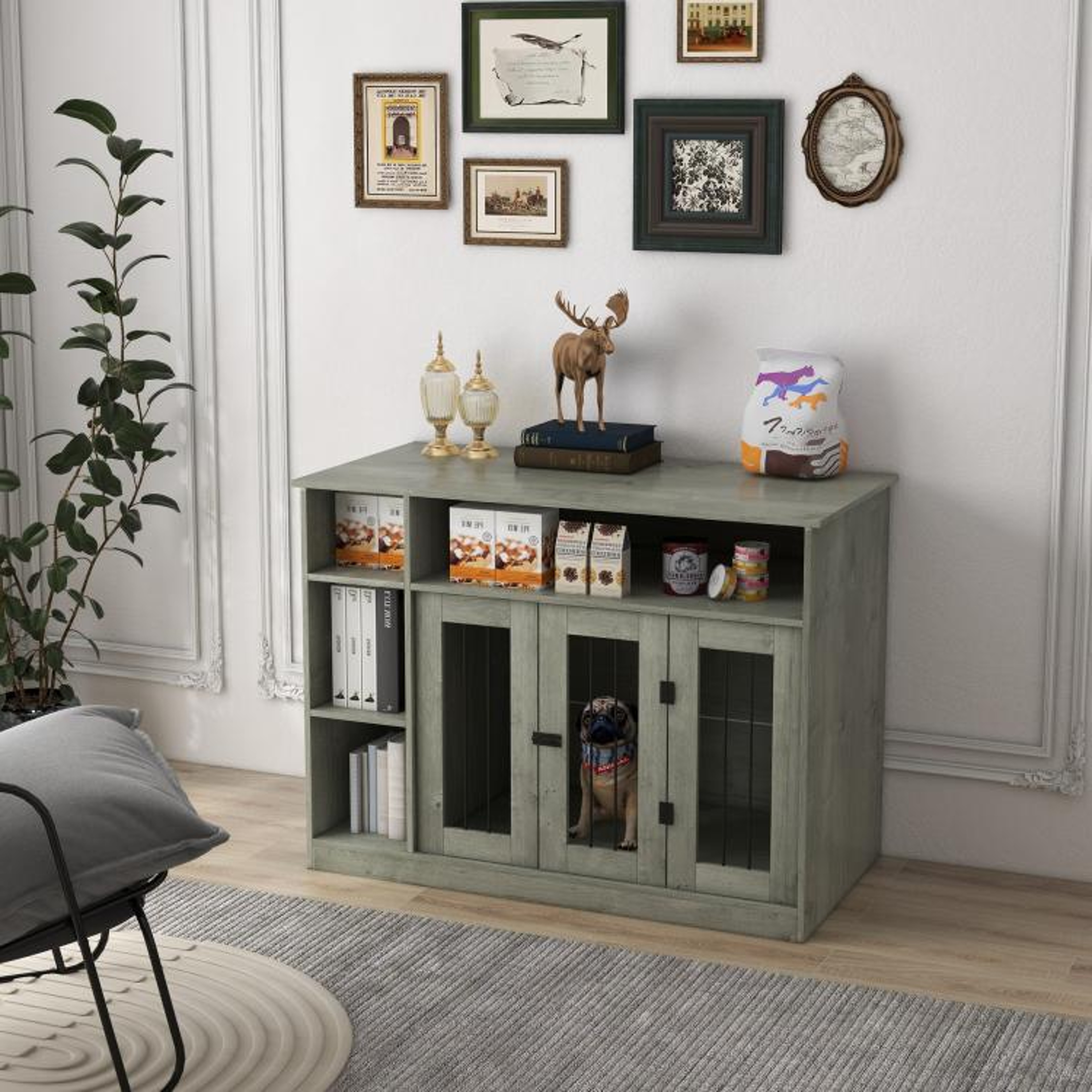 Dog Crate Furniture With Adjustable Storage Shelf In Gray 3