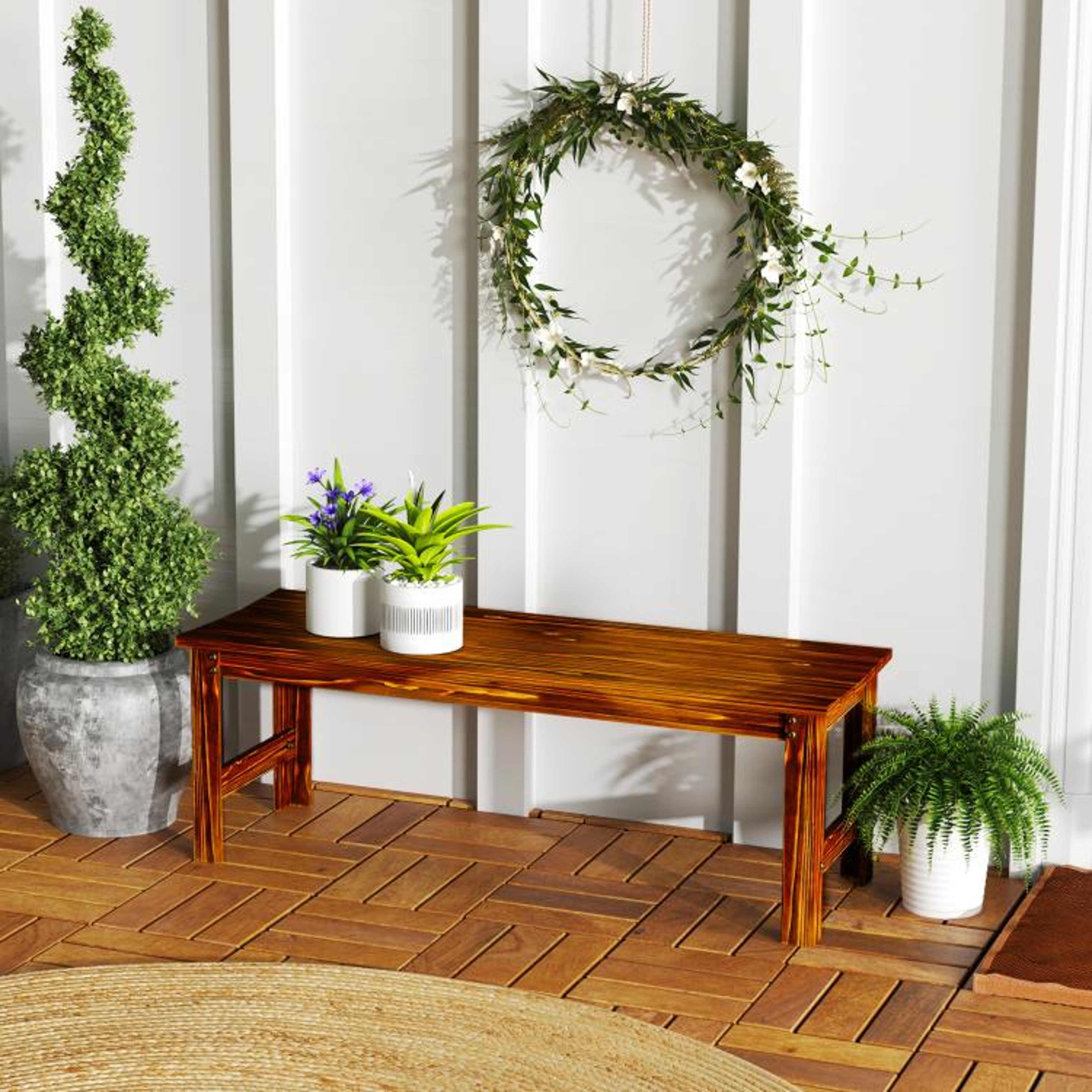 Solid Pine Wood Outdoor Garden Bench With Slatted Seat 3