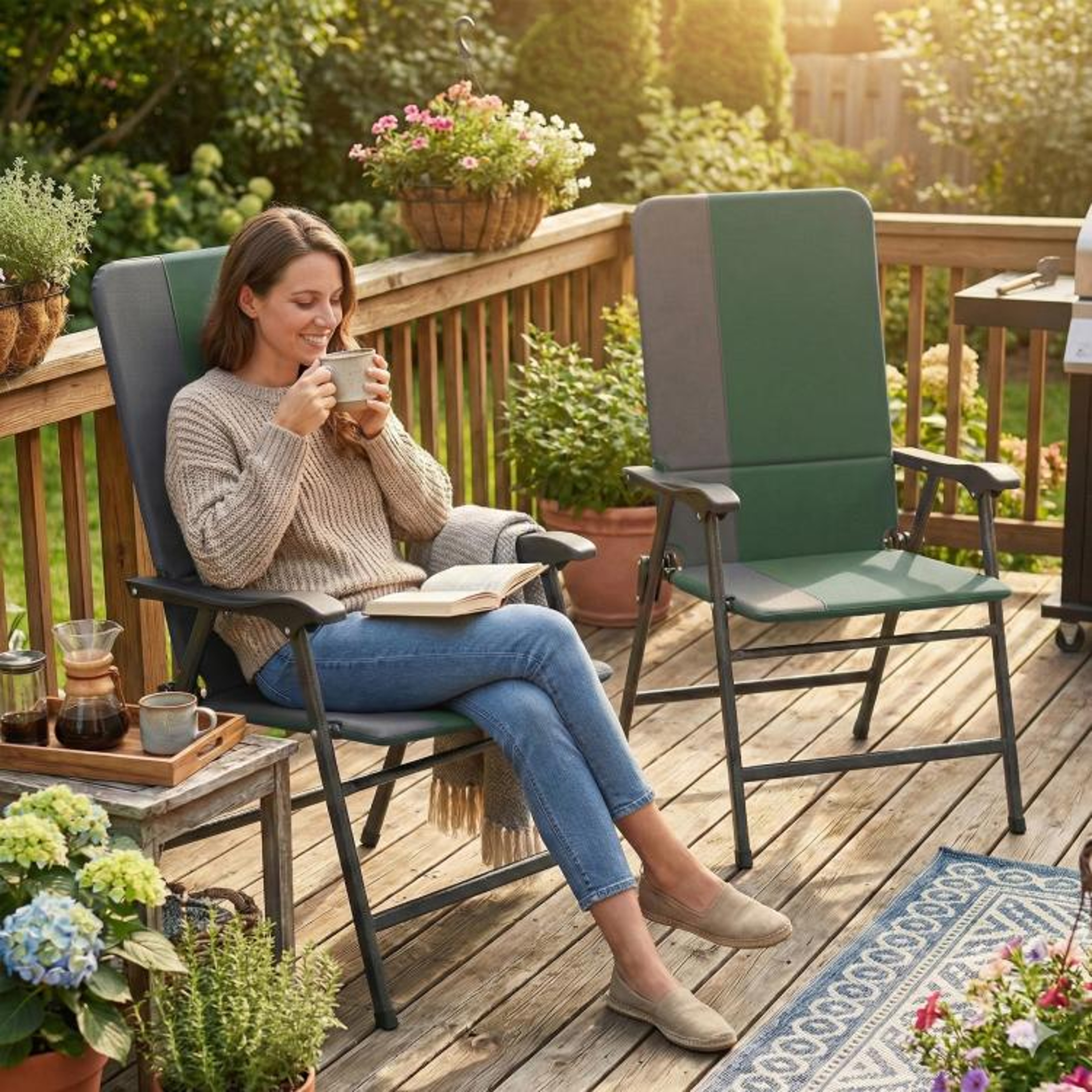 Padded Folding Patio Chairs Set Of 2 With High Back And Armrests Dark Green 2