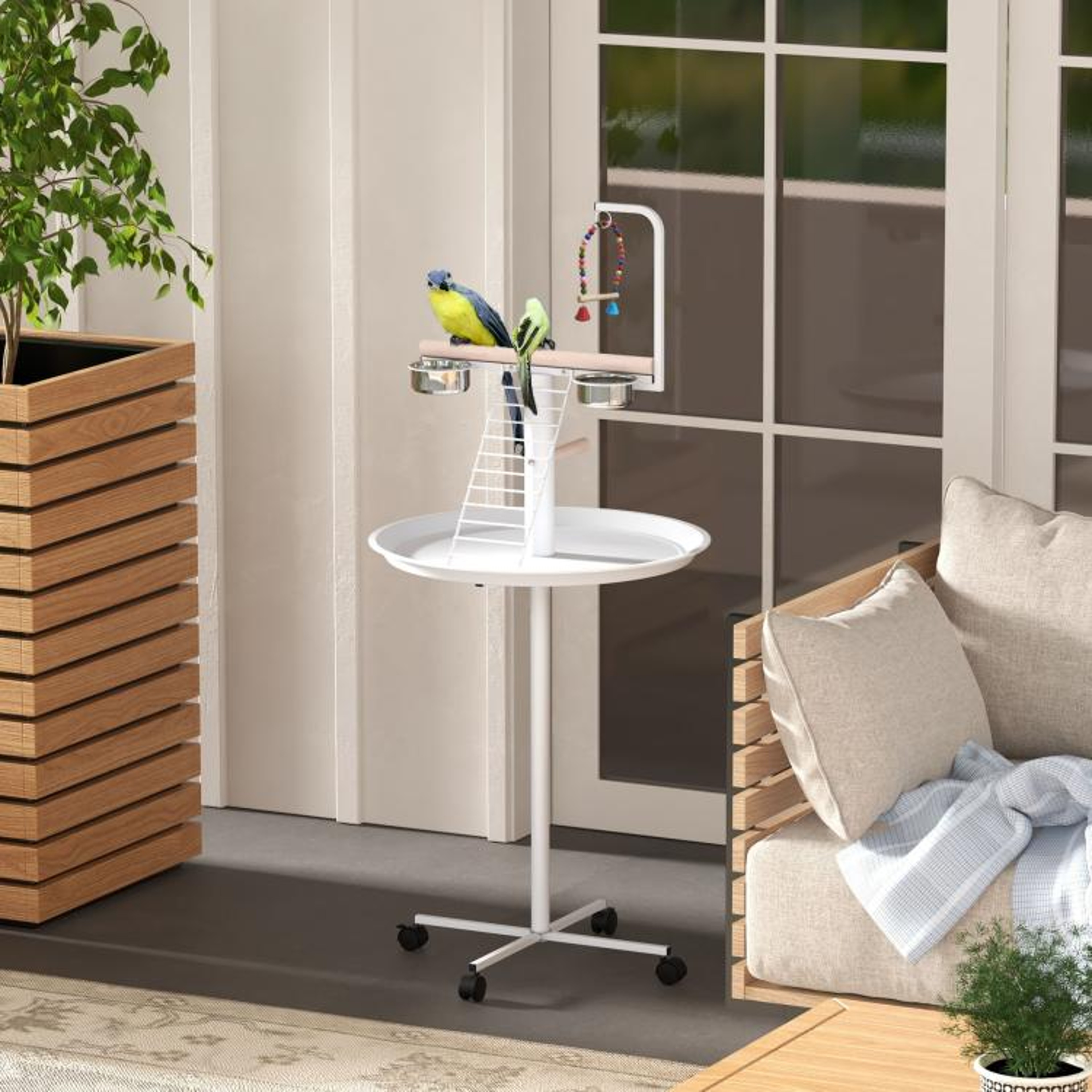 Rolling Parrot Stand With Wooden Perch Feeding Bowls And Round Tray 3
