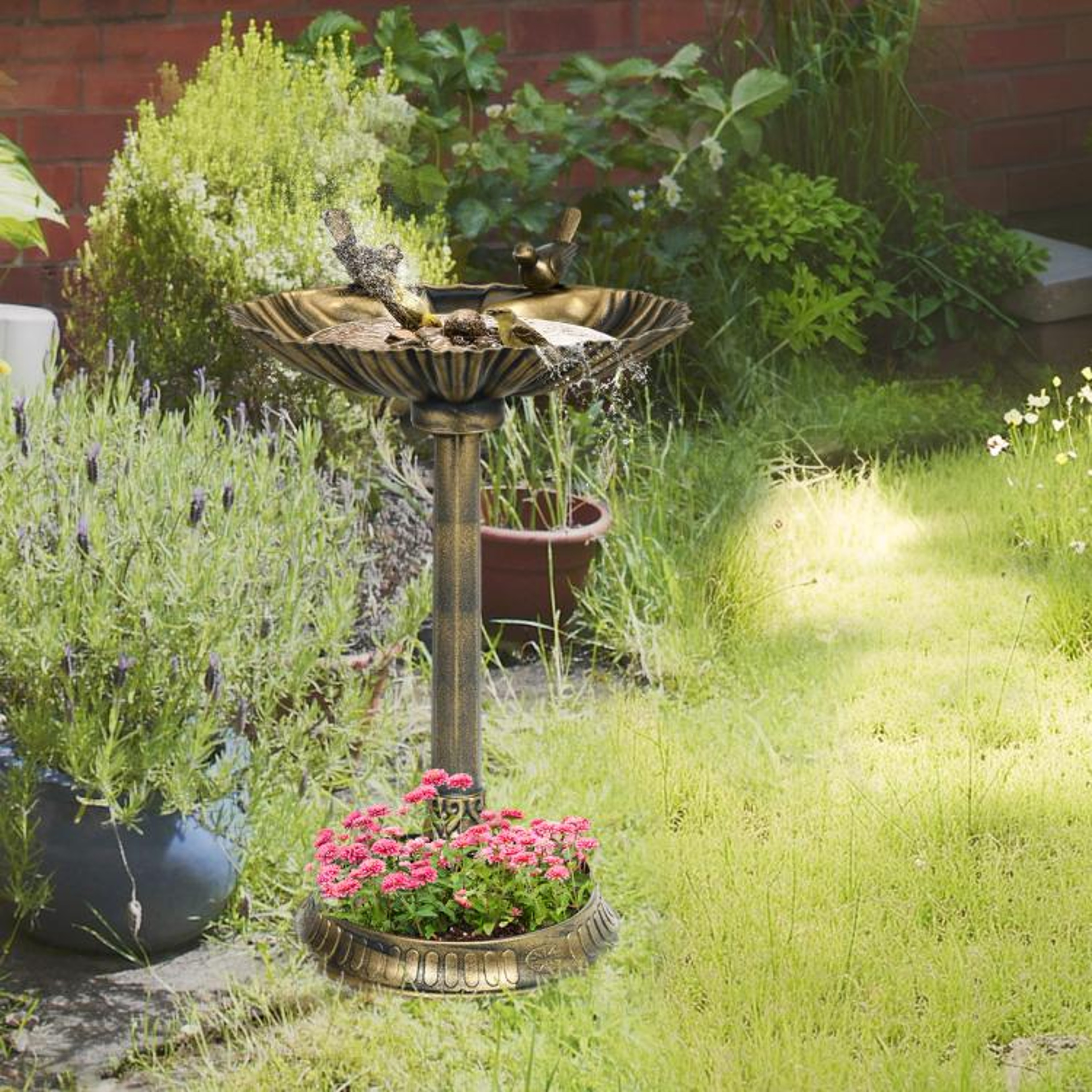 Antique Bronze Bird Bath With Planter Pedestal And Bird Statues 2