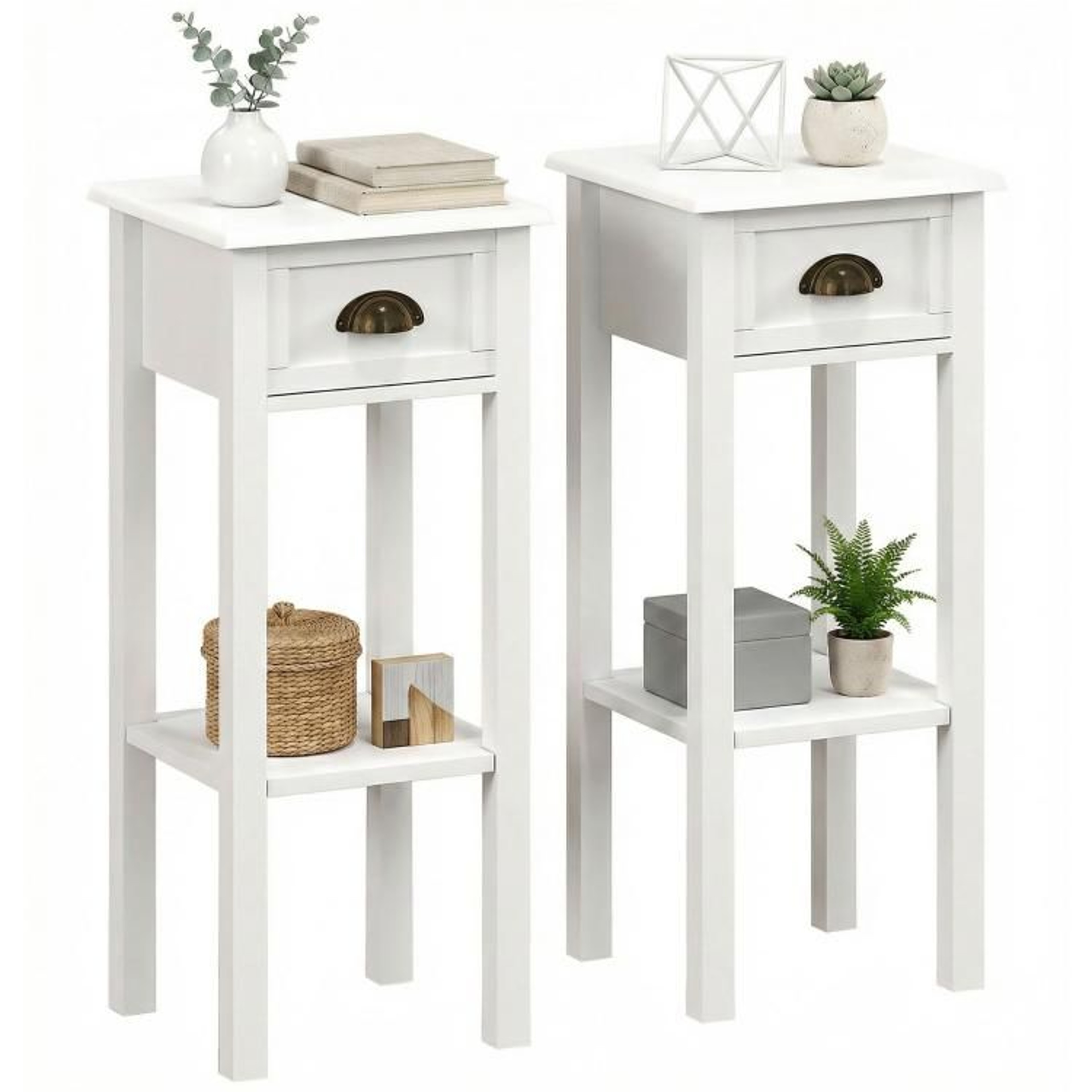 White Narrow End Tables Set Of 2 With Drawers And Storage Shelves 0