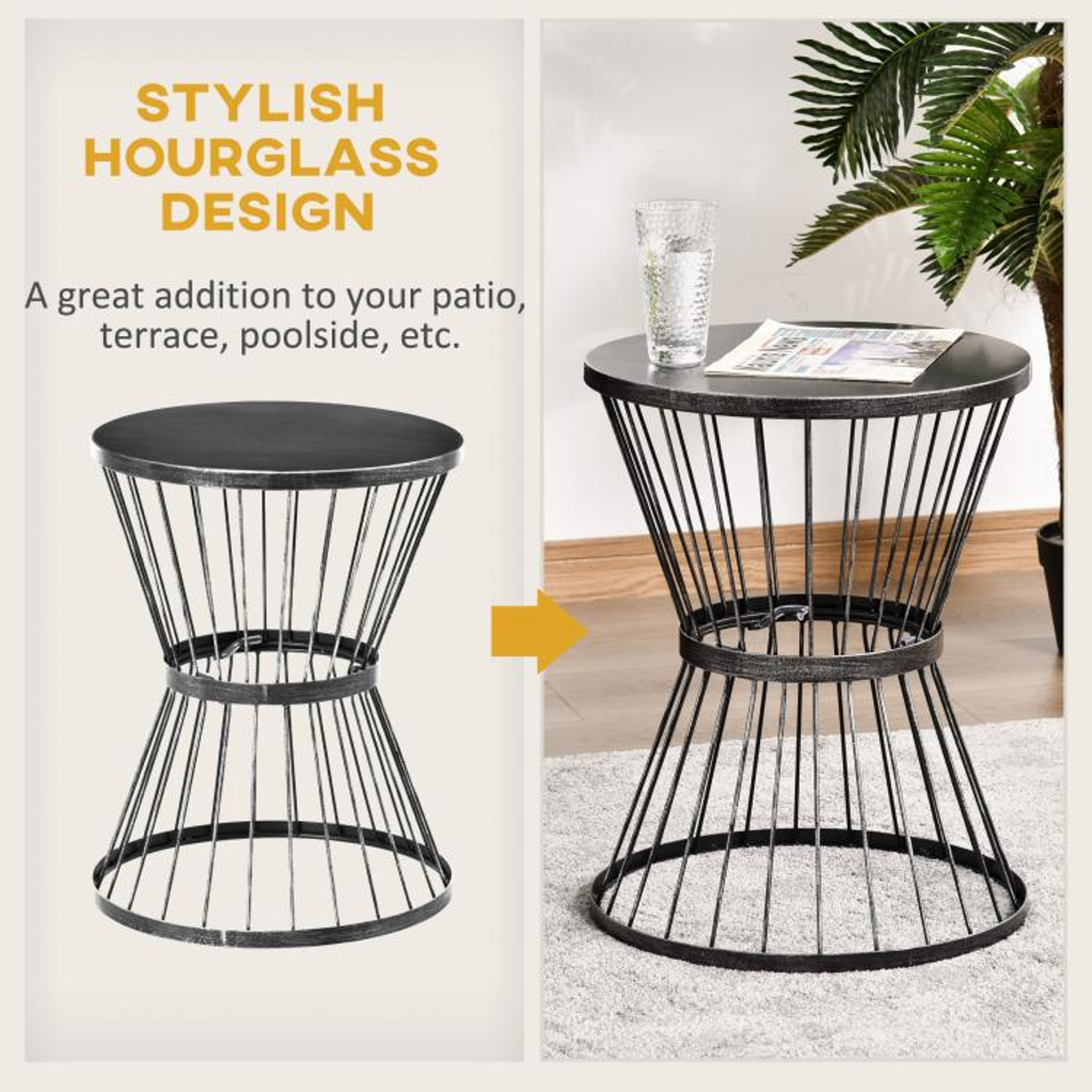16Inch Outdoor Patio Side Table With Hourglass Design And Black Steel Frame 6