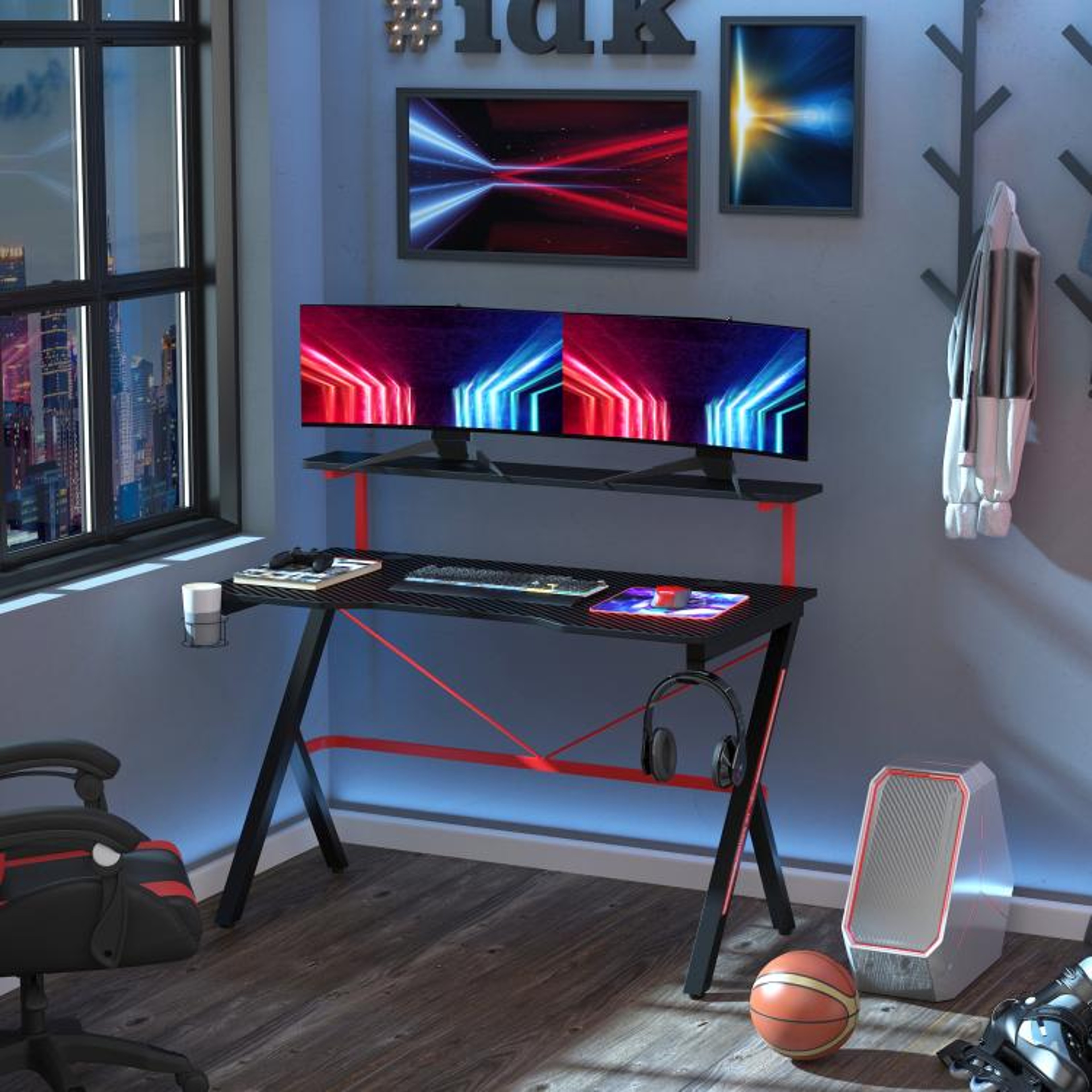 Gaming Desk With Monitor Shelf And Cup Holder  Black 1