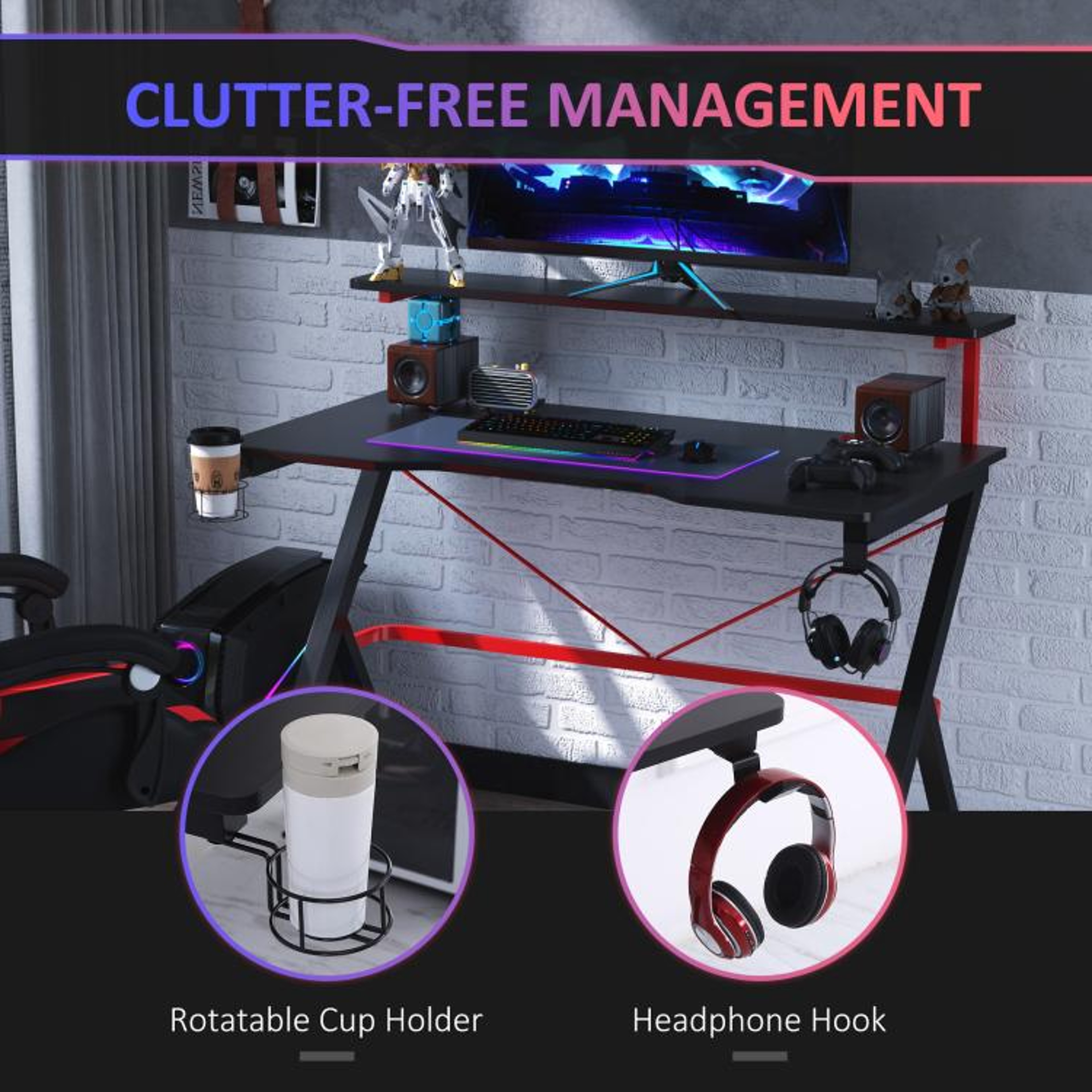 Gaming Desk With Monitor Shelf And Cup Holder  Black 4