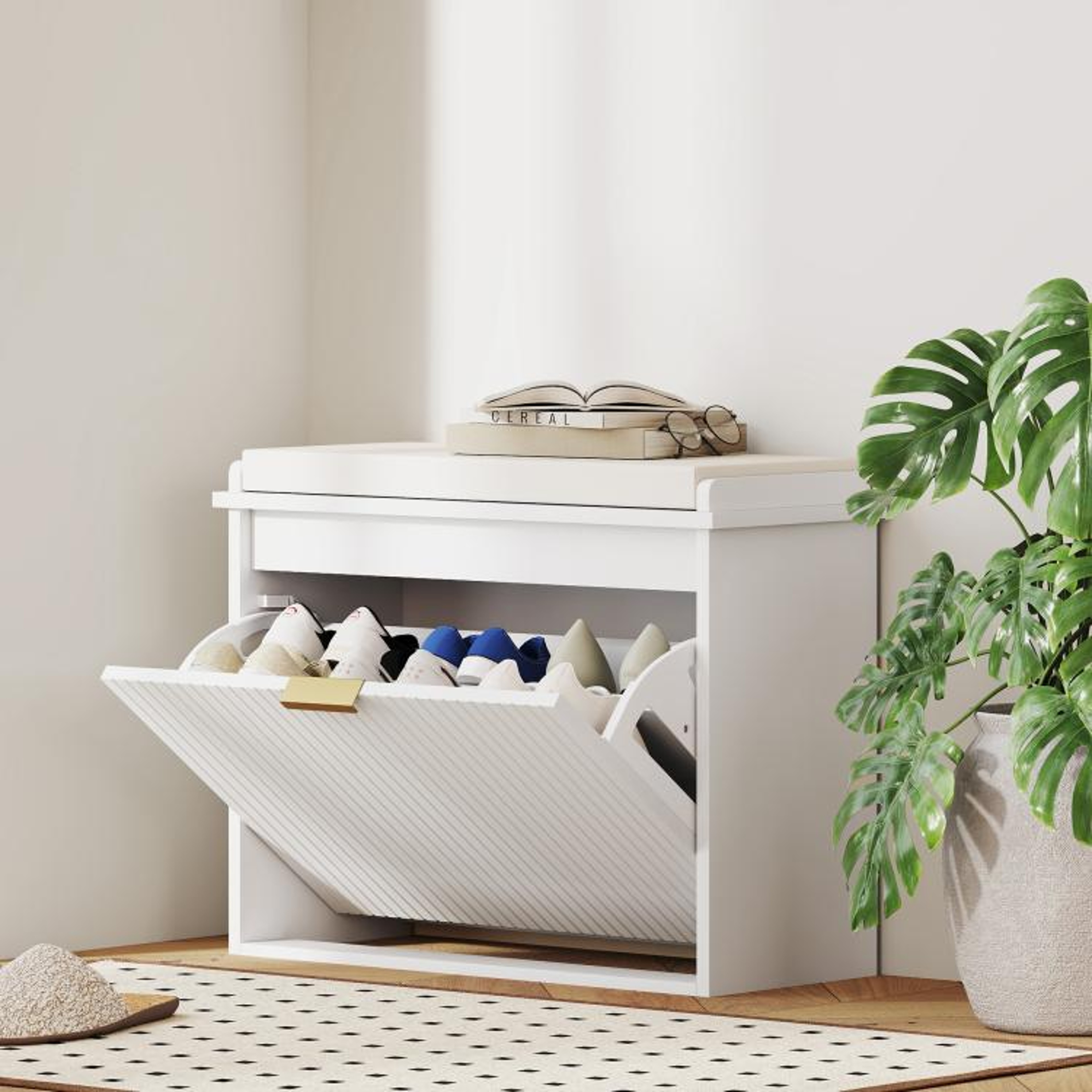 Shoe Storage Bench With Padded Seat And Flip Drawer  White 2