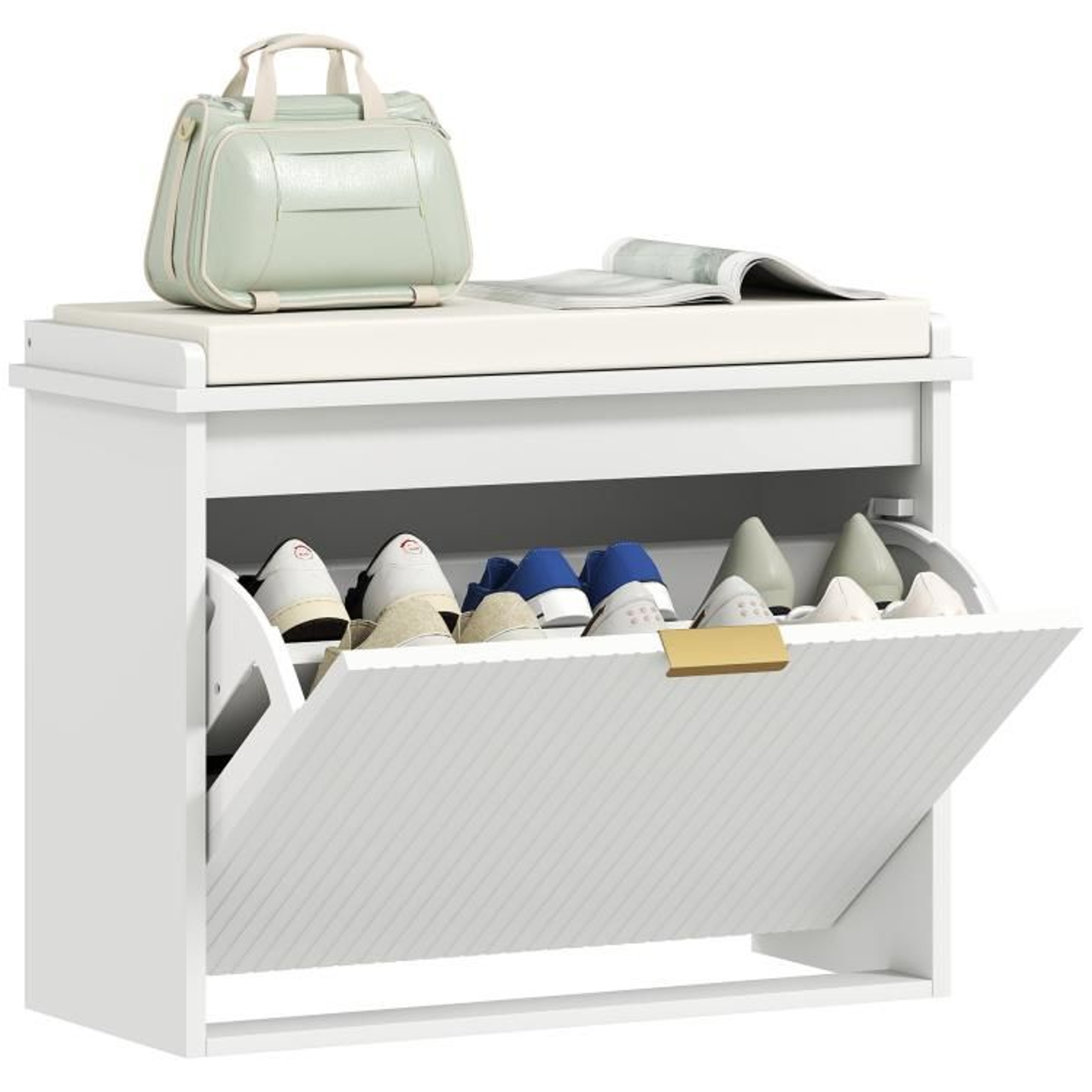 Shoe Storage Bench With Padded Seat And Flip Drawer  White 0