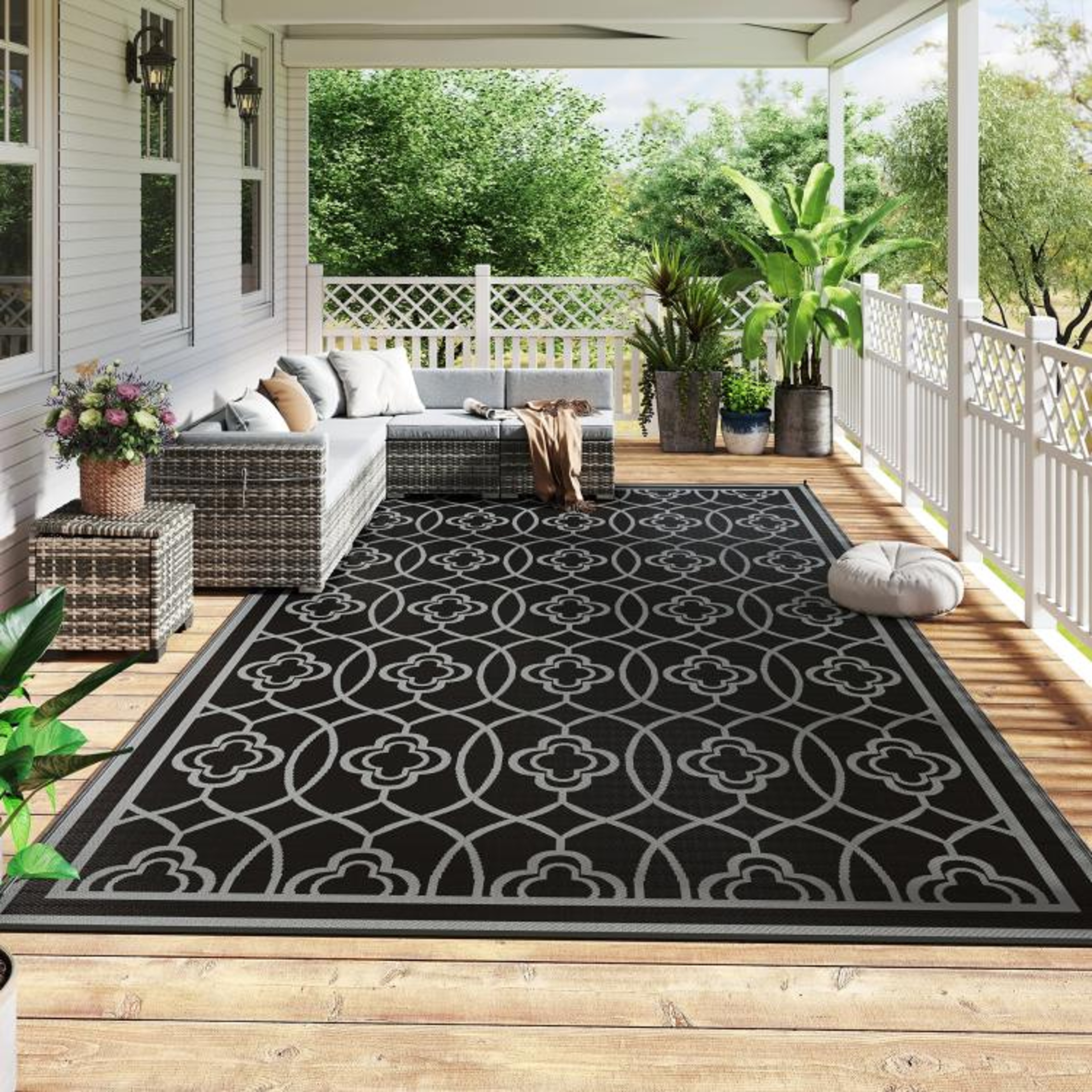 Reversible Outdoor Patio Rug 9 X 18 Waterproof Black  Gray Lantern Design 3