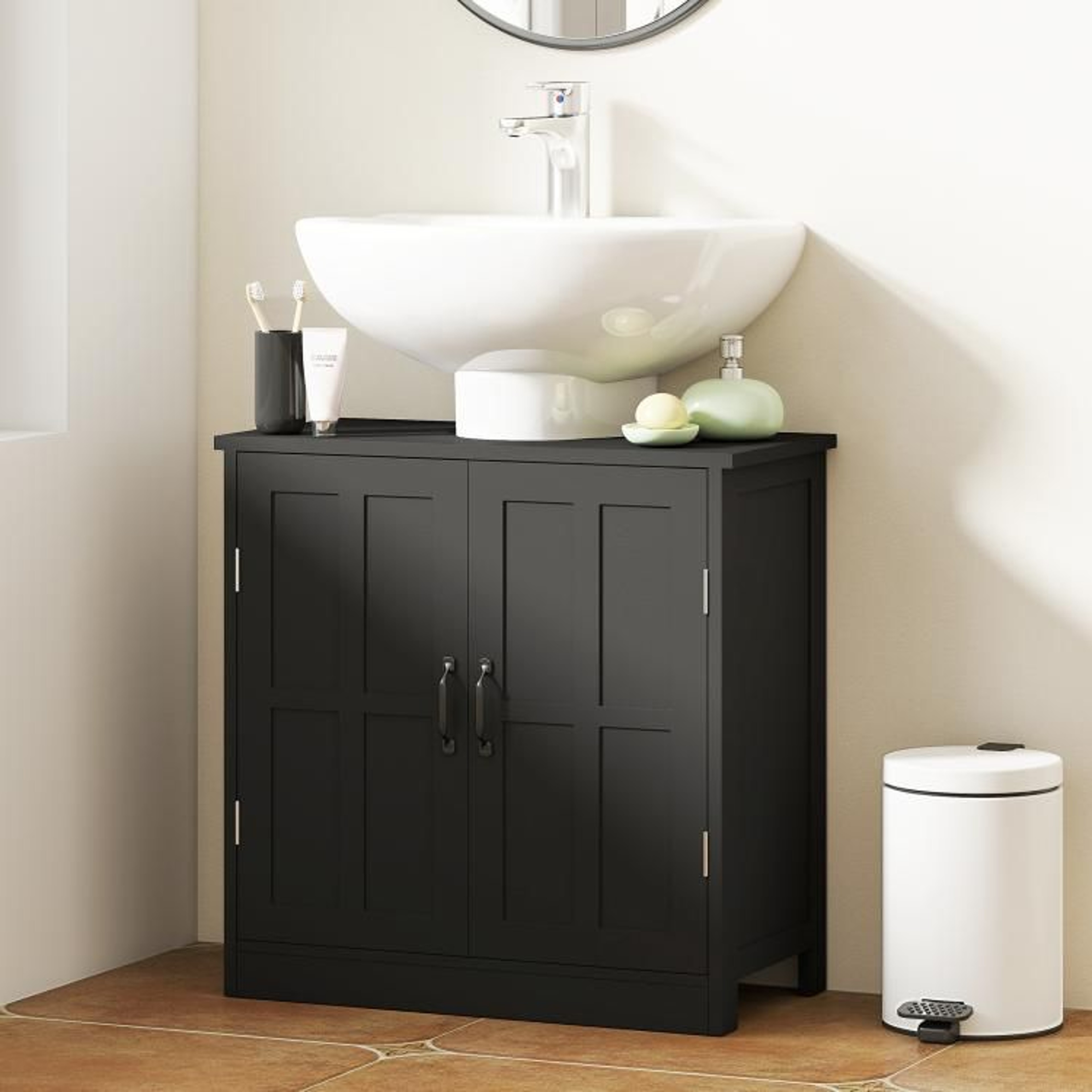 Black Pedestal Sink Storage Cabinet With Adjustable Shelf And Double Doors 2