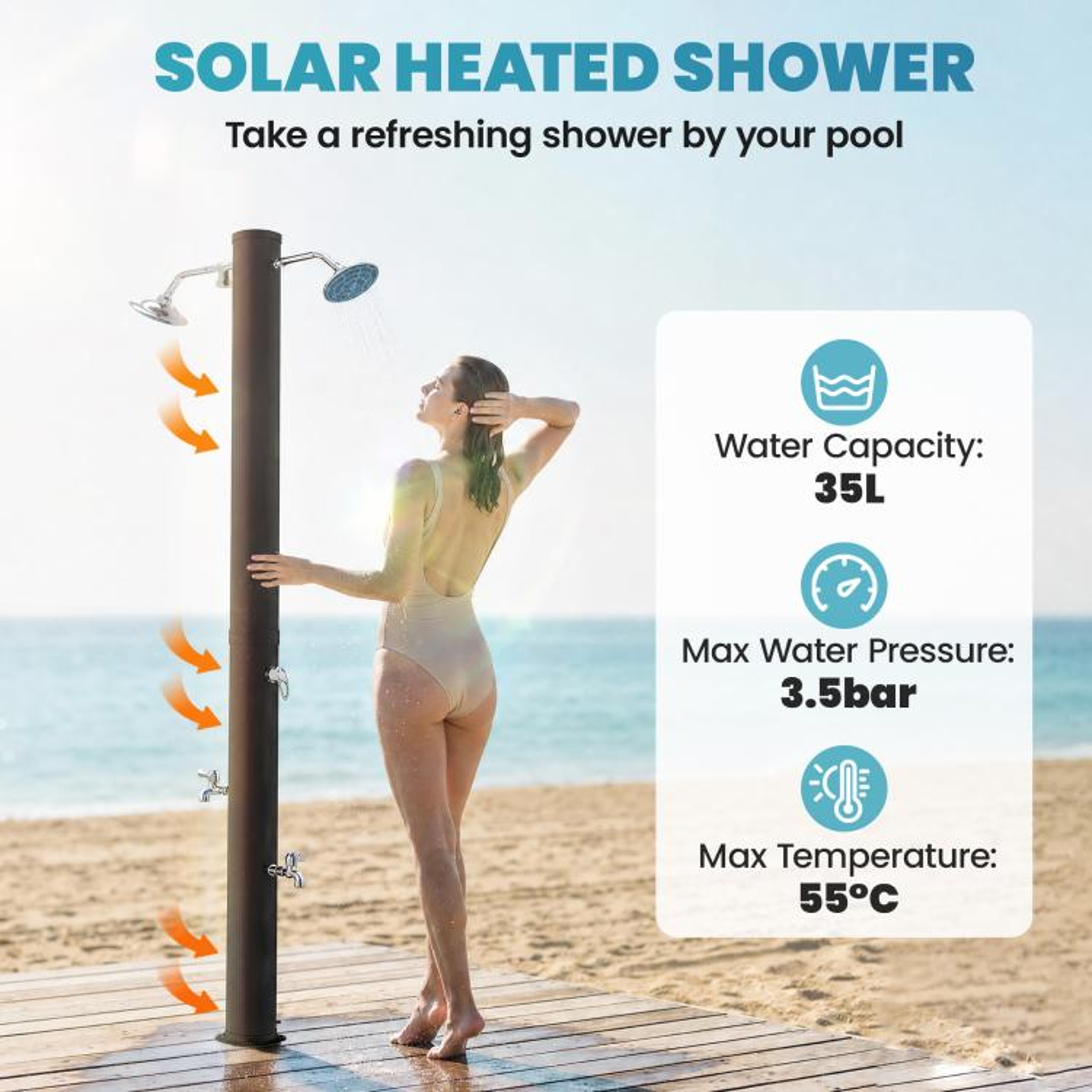 92 Gallon Solar Heated Outdoor Shower With Dual Rotating Shower Heads And Foot Showers 6