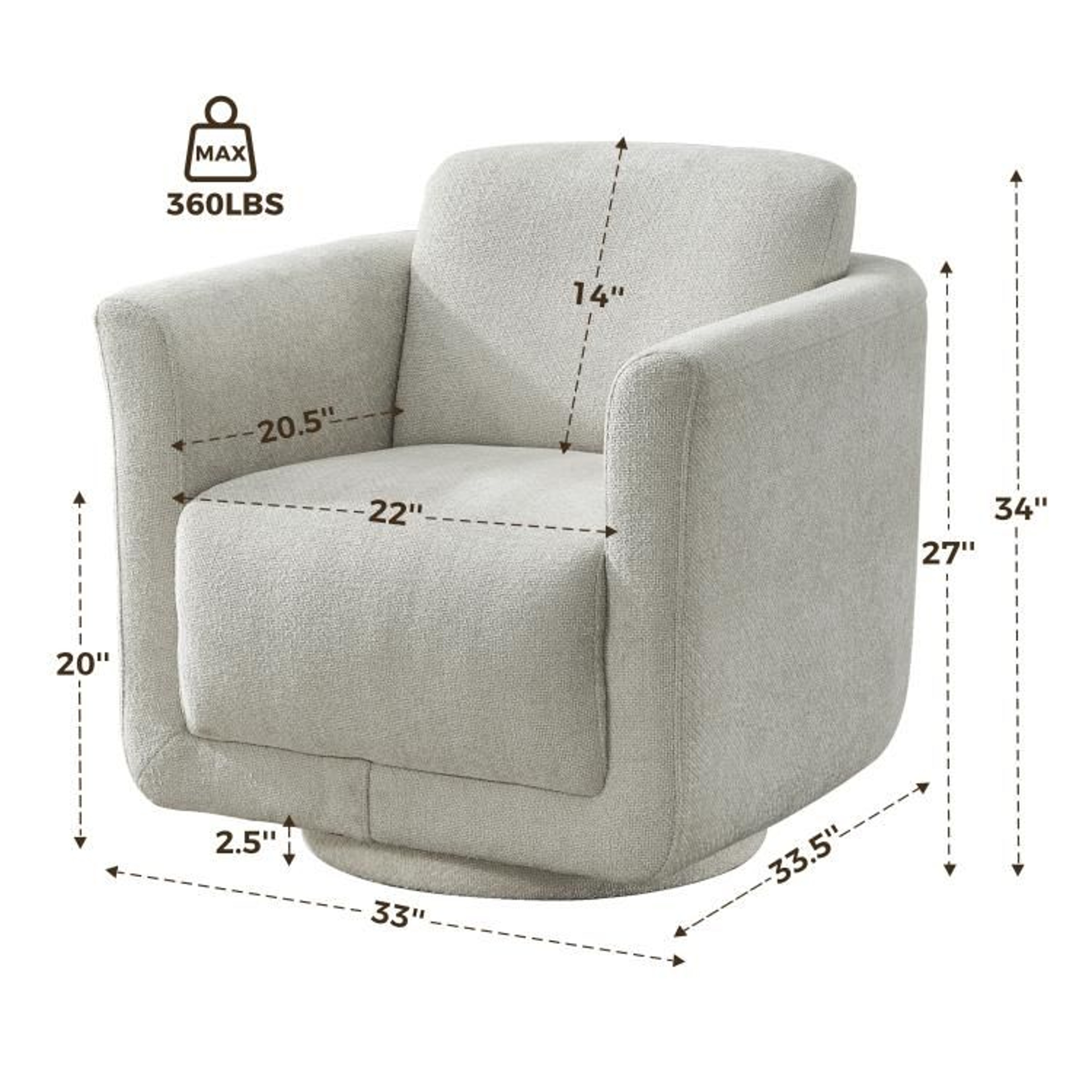 33Inch Chenille 360 Swivel Barrel Chair In Gray  No Assembly Required 4