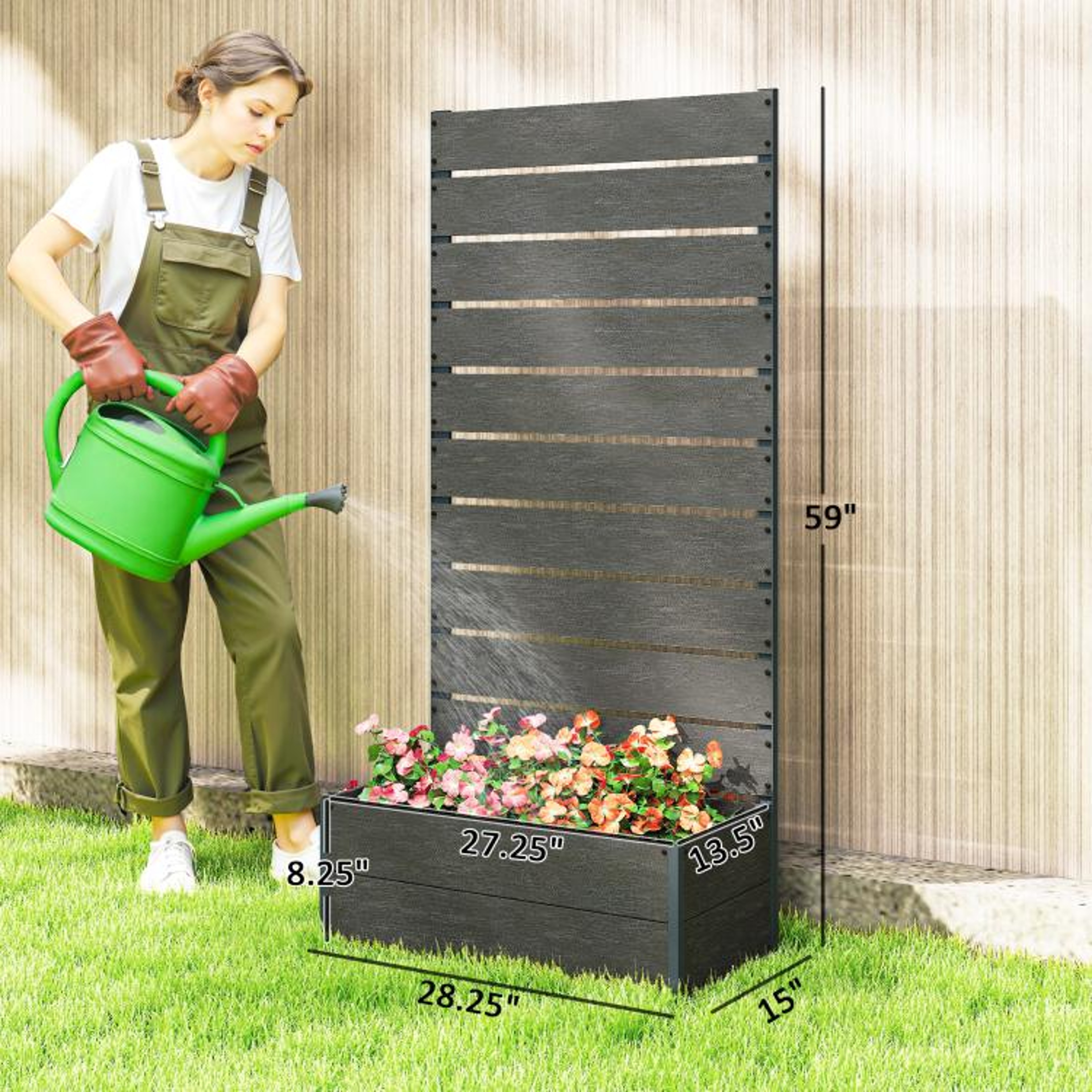 Raised Garden Bed With Trellis  Gray Outdoor Planter Box For Climbing Plants 4