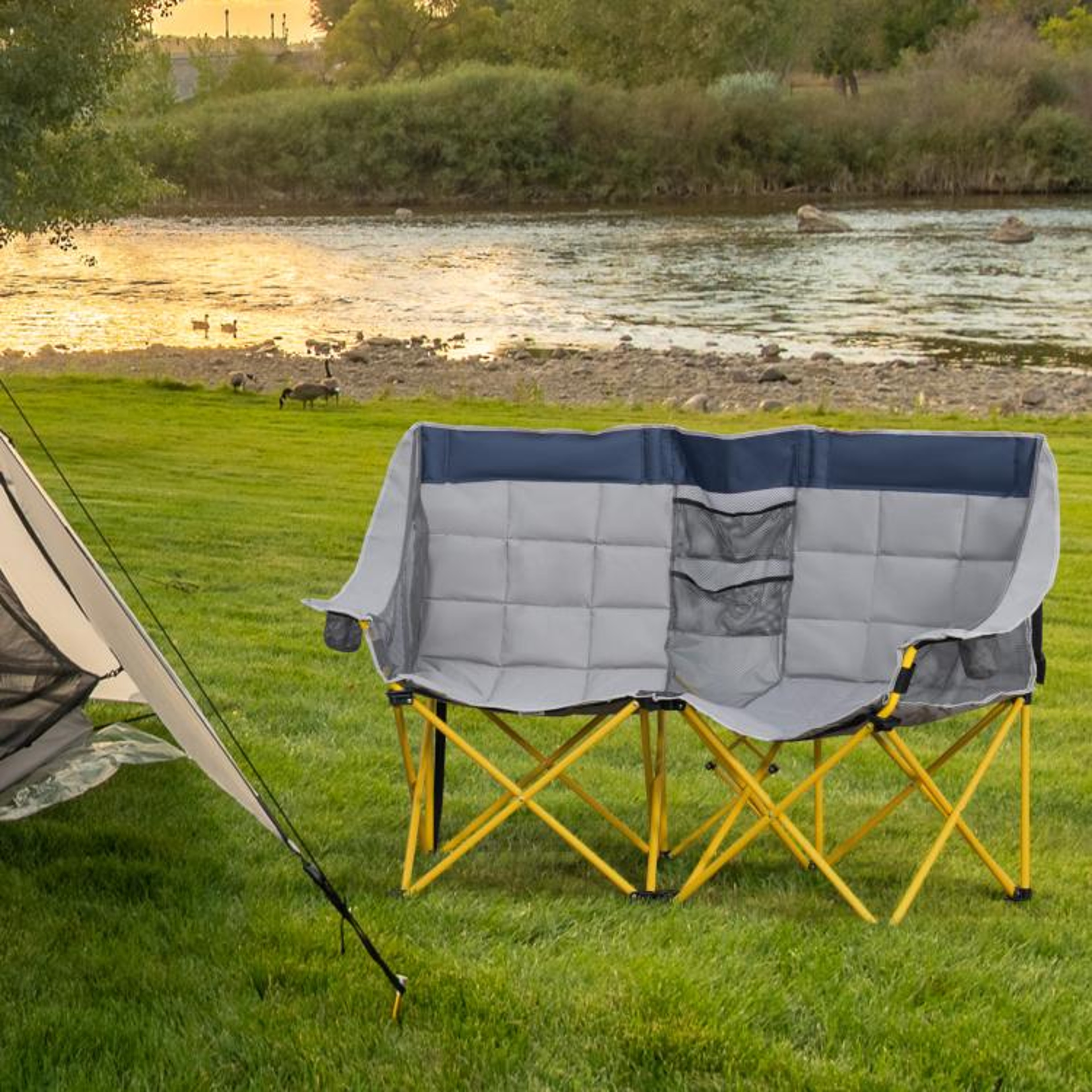 Double Camping Chair With Cup Holders And Carry Bag  Navy Blue And Gray 3