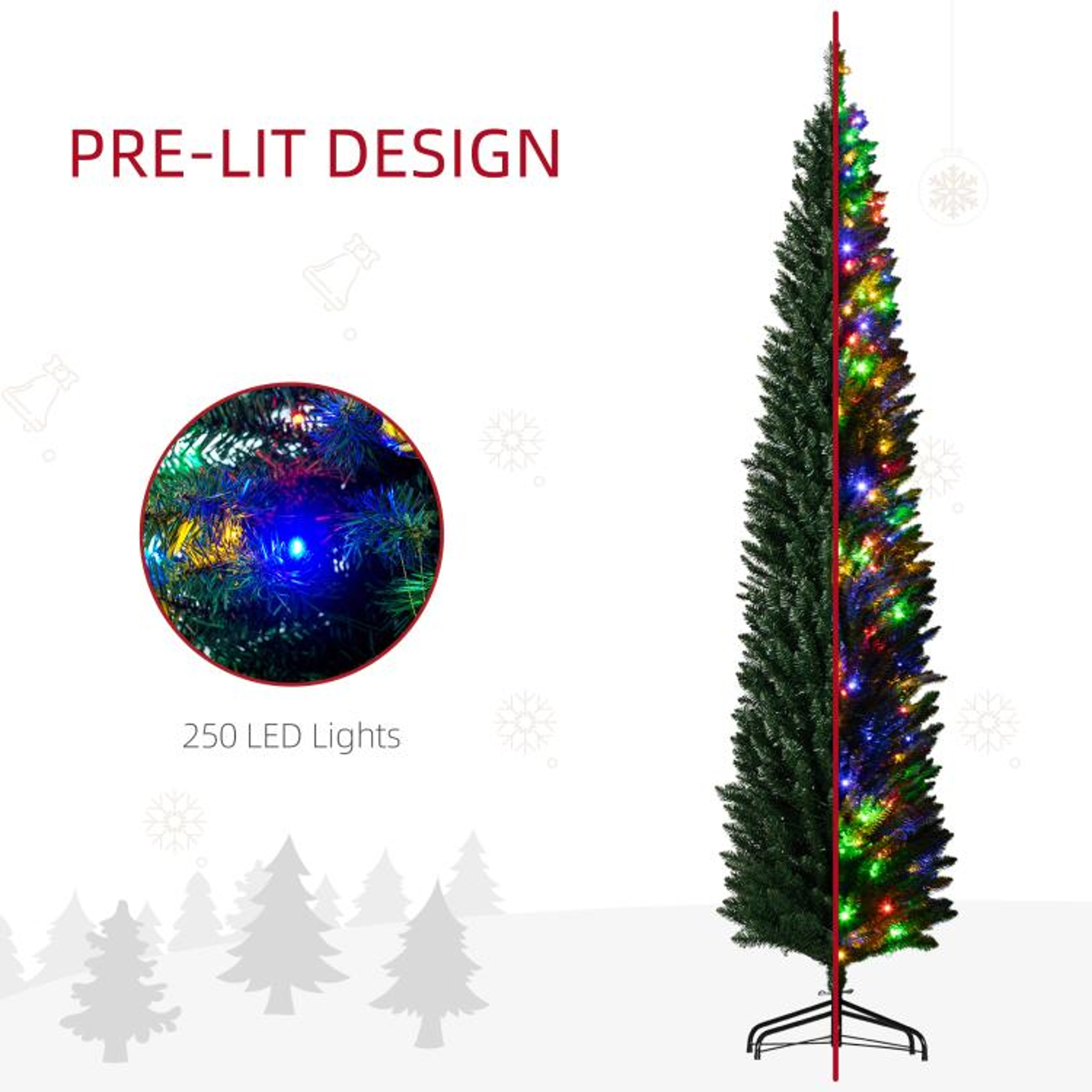 8 Ft Prelit Pencil Christmas Tree With Multicolor LED Lights And Steel Base 5