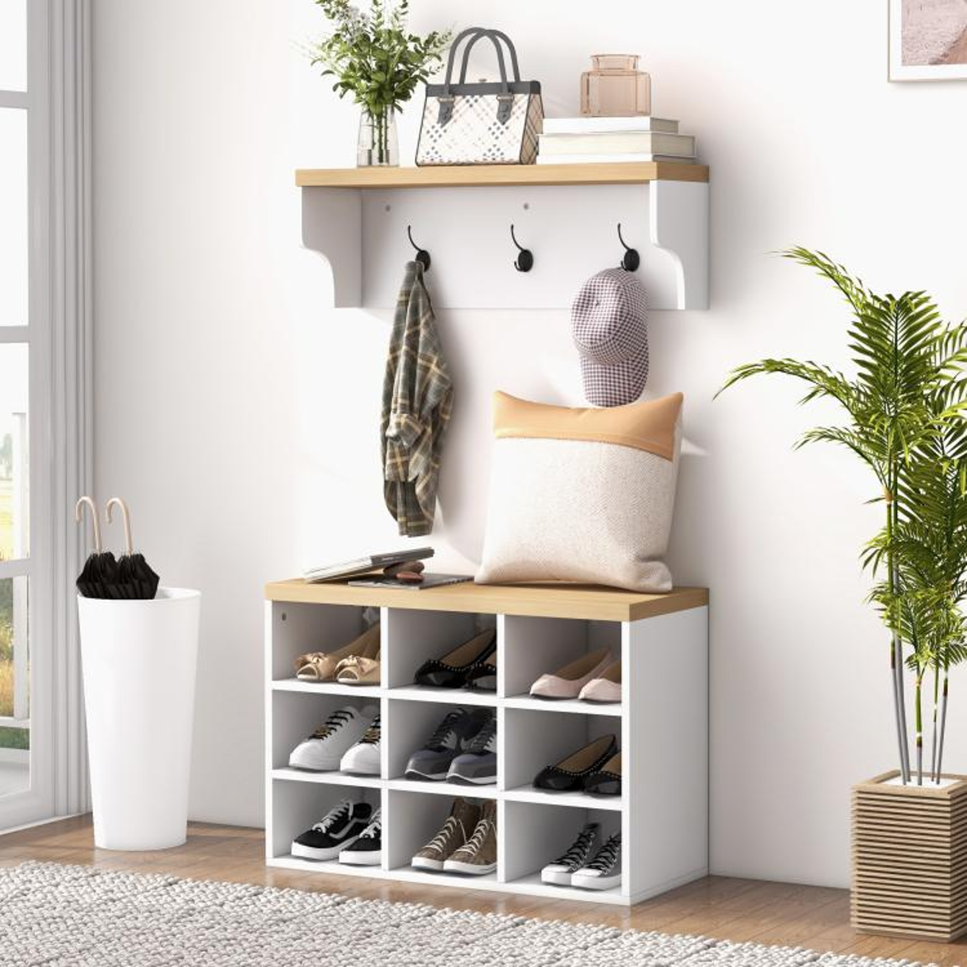 Entryway Coat Rack And Shoe Bench Set With 5 Hooks And 9Pair Shoe Storage 1