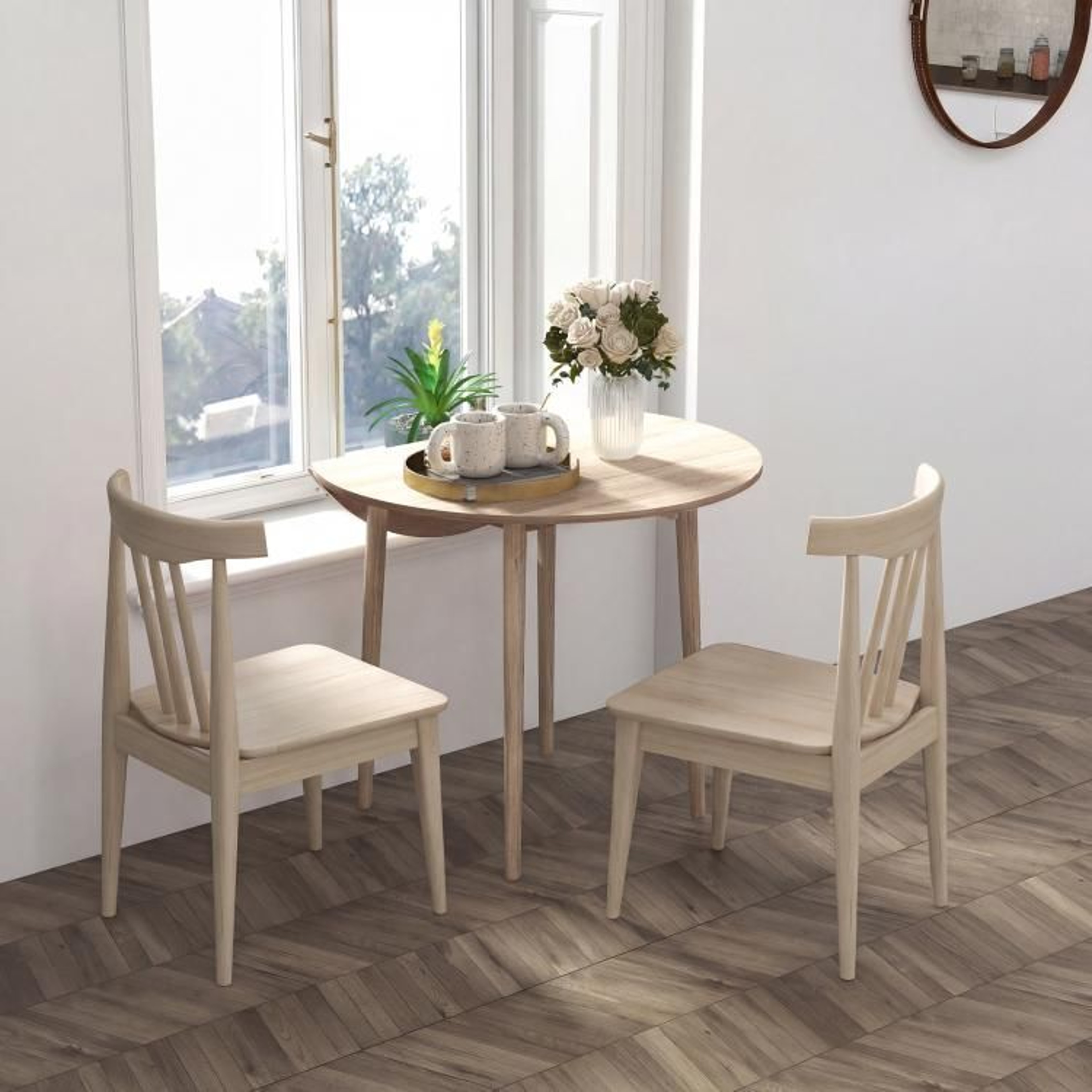 Round Drop Leaf Dining Table For Small Spaces With Pine Wood Legs  Oak 3