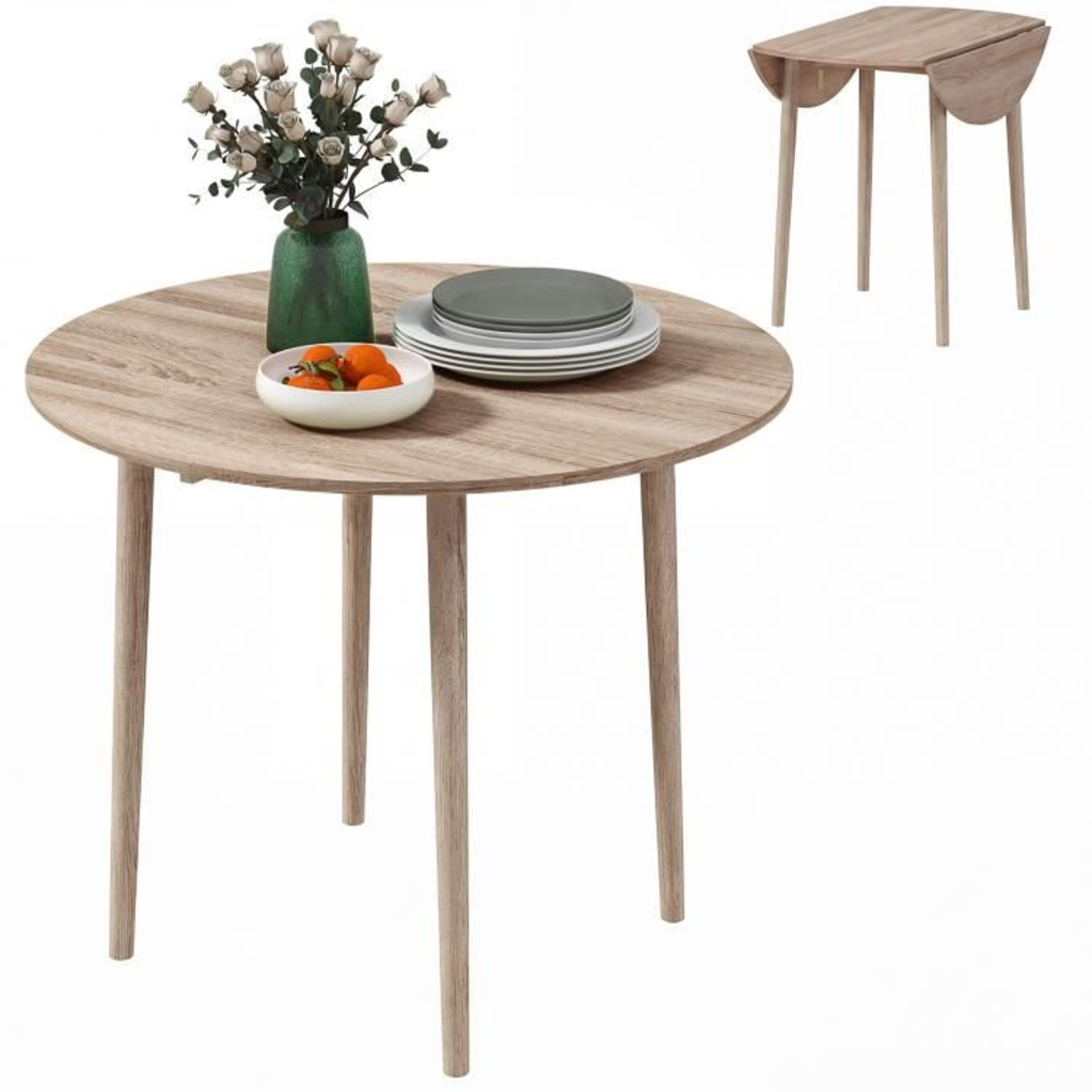 Round Drop Leaf Dining Table For Small Spaces With Pine Wood Legs  Oak 0