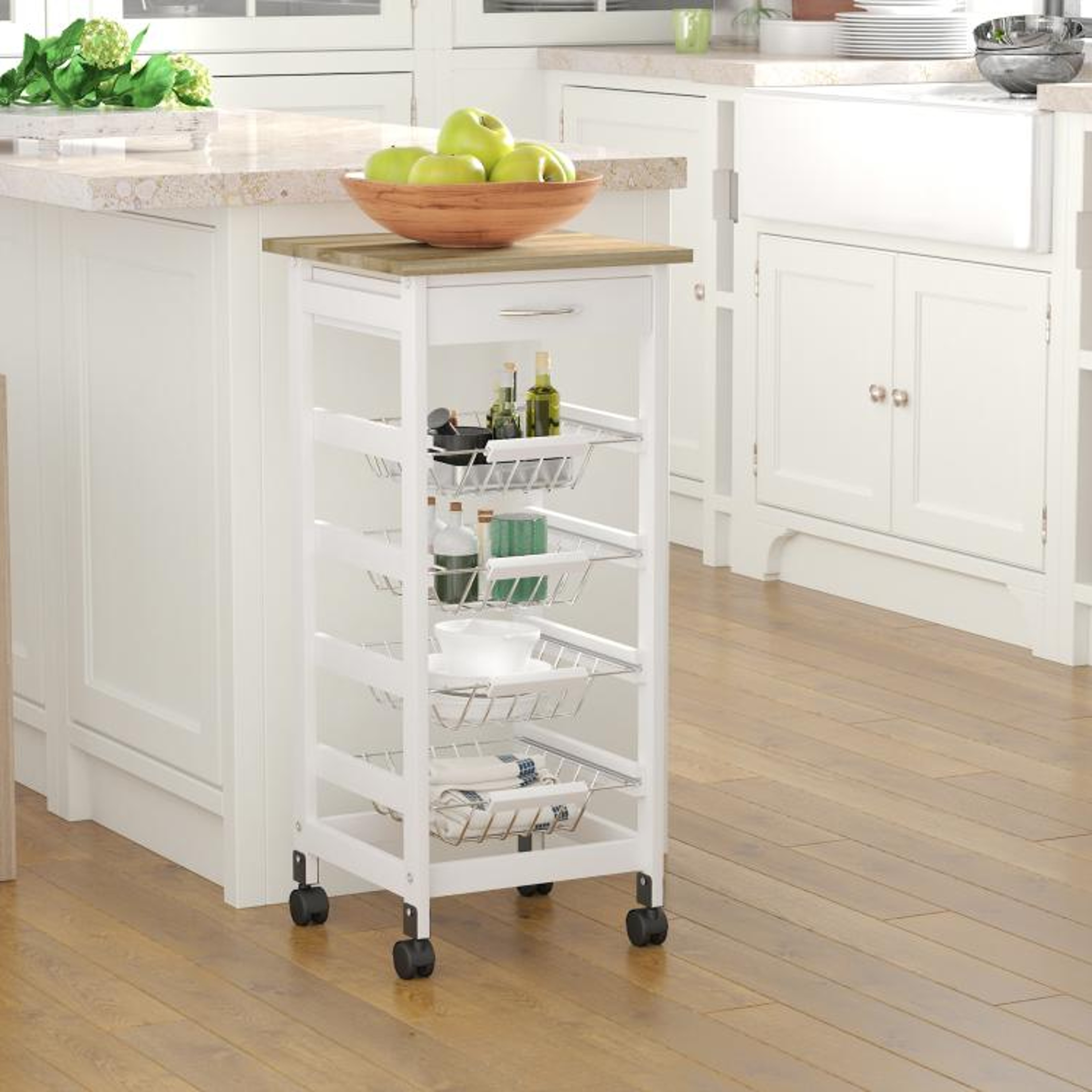 Rolling Kitchen Island Cart With Storage Drawer And 4 Wire Baskets  White 2