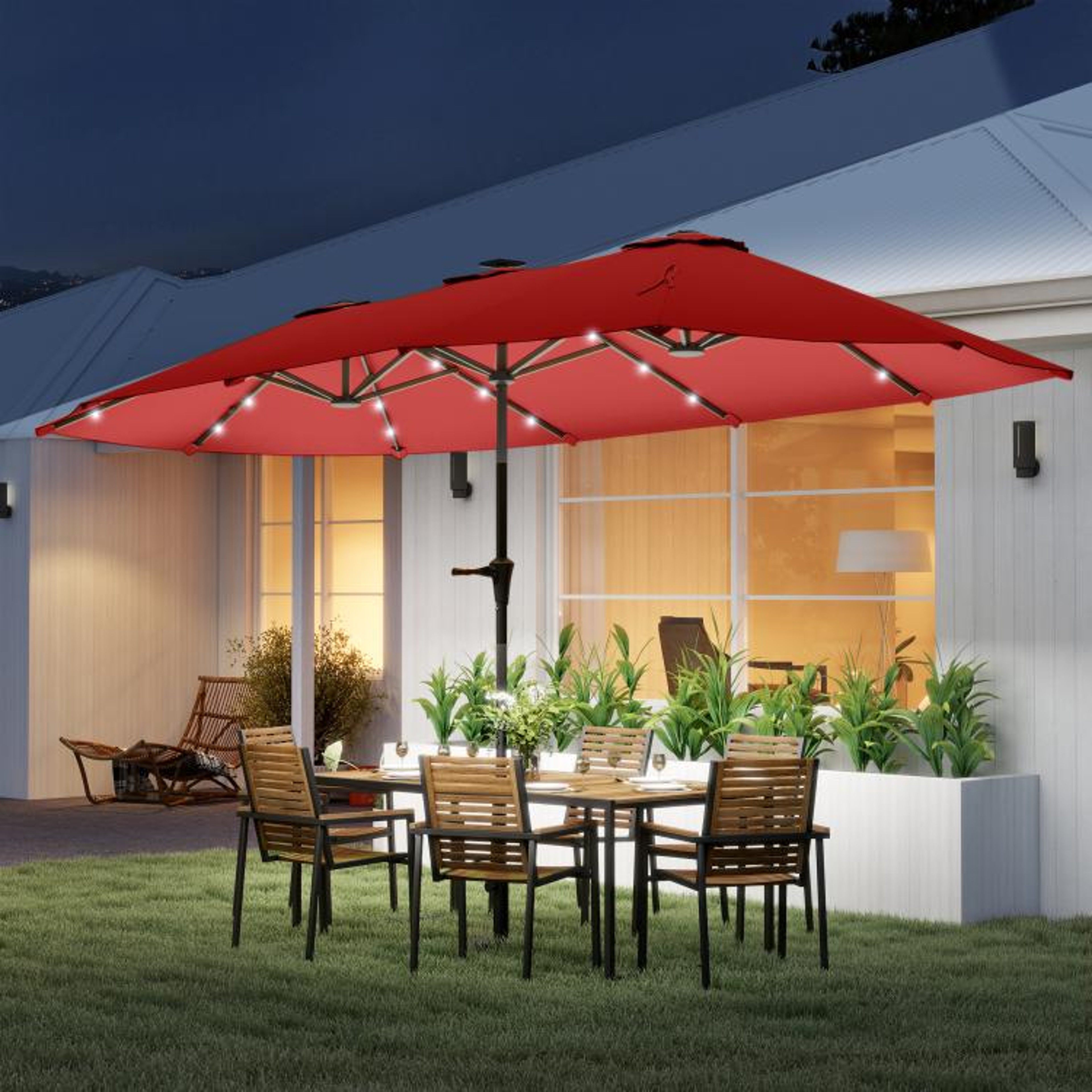 13ft DoubleSided Patio Umbrella With Solar LED Lights And Crank Handle  Wine Red 3