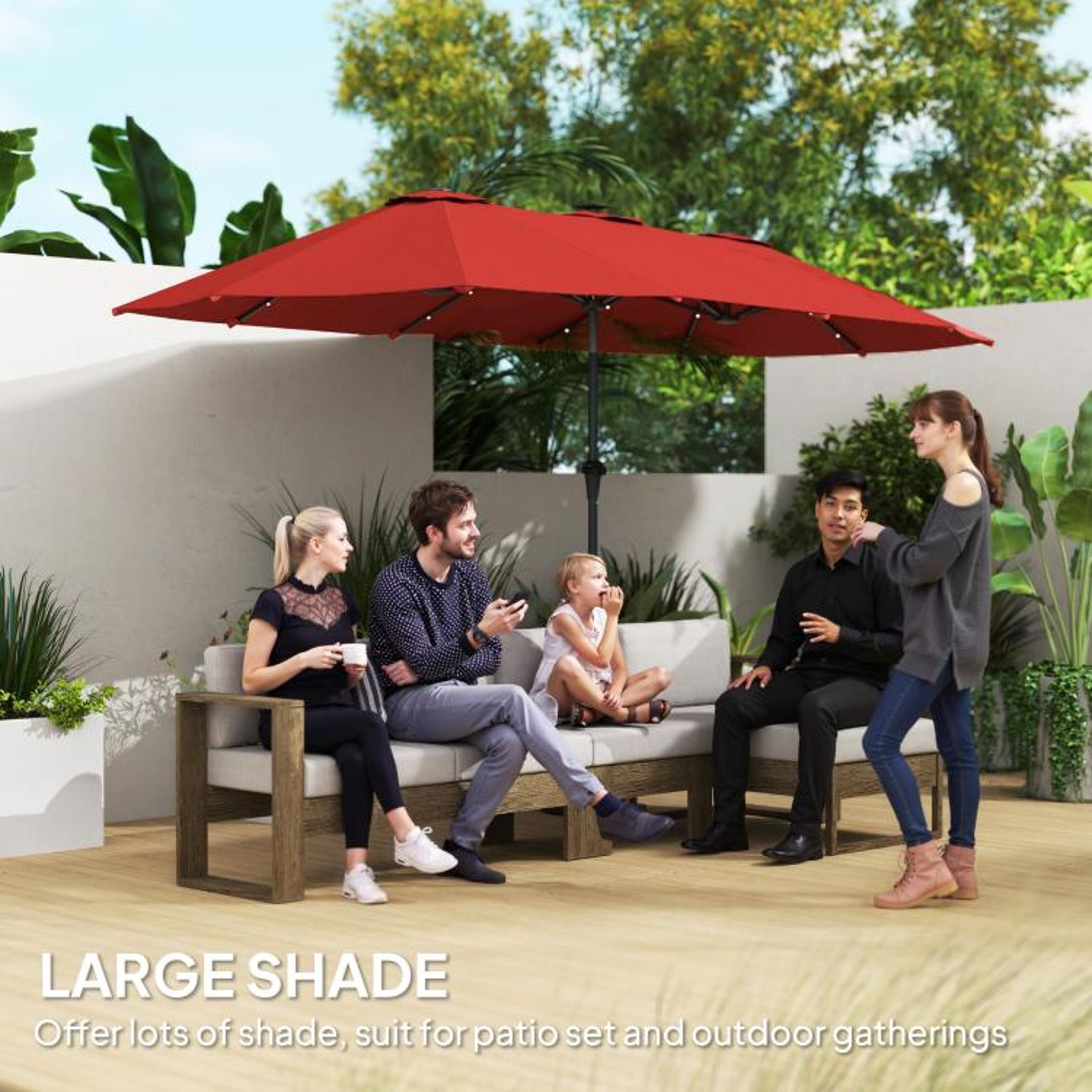 13ft DoubleSided Patio Umbrella With Solar LED Lights And Crank Handle  Wine Red 5