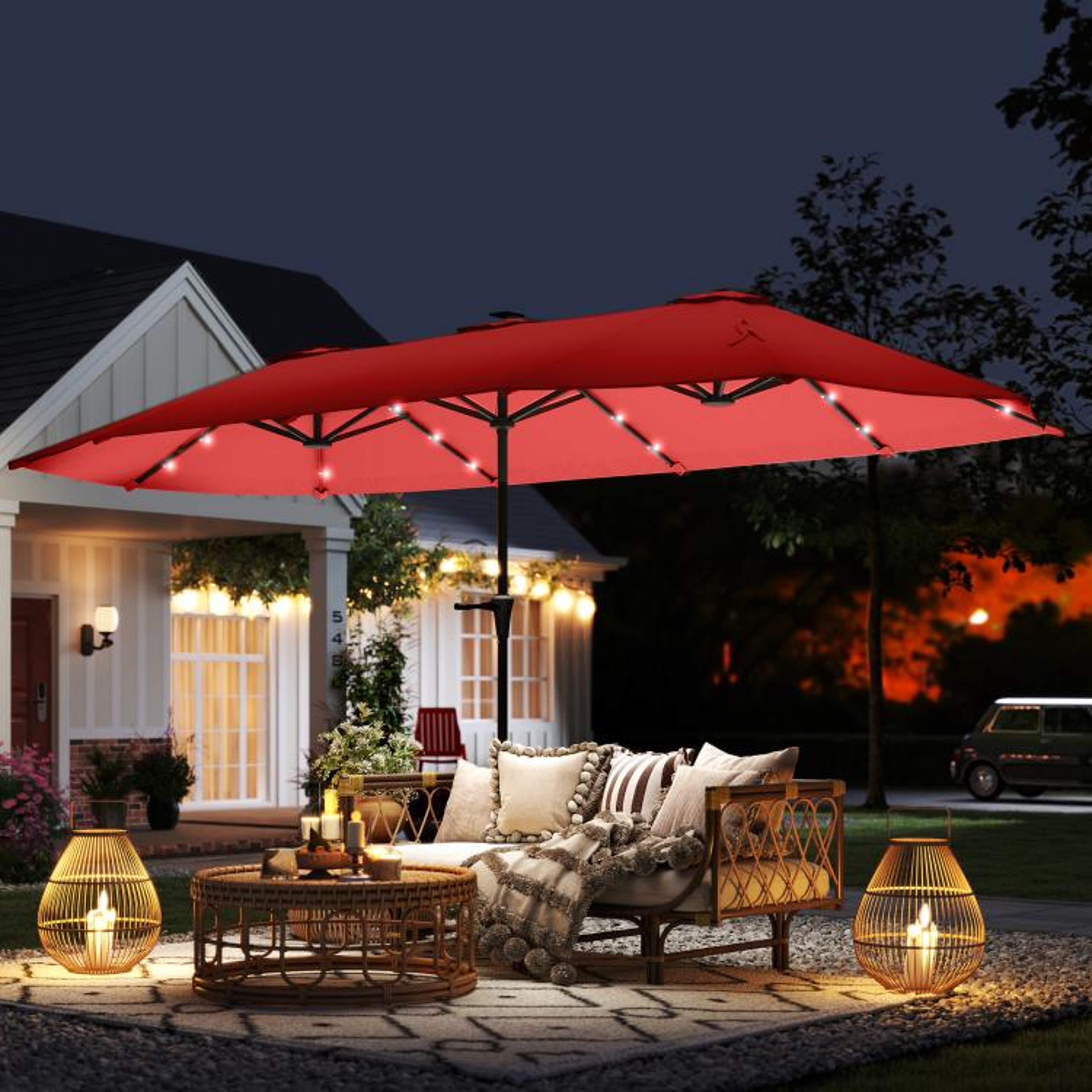 13ft DoubleSided Patio Umbrella With Solar LED Lights And Crank Handle  Wine Red 2