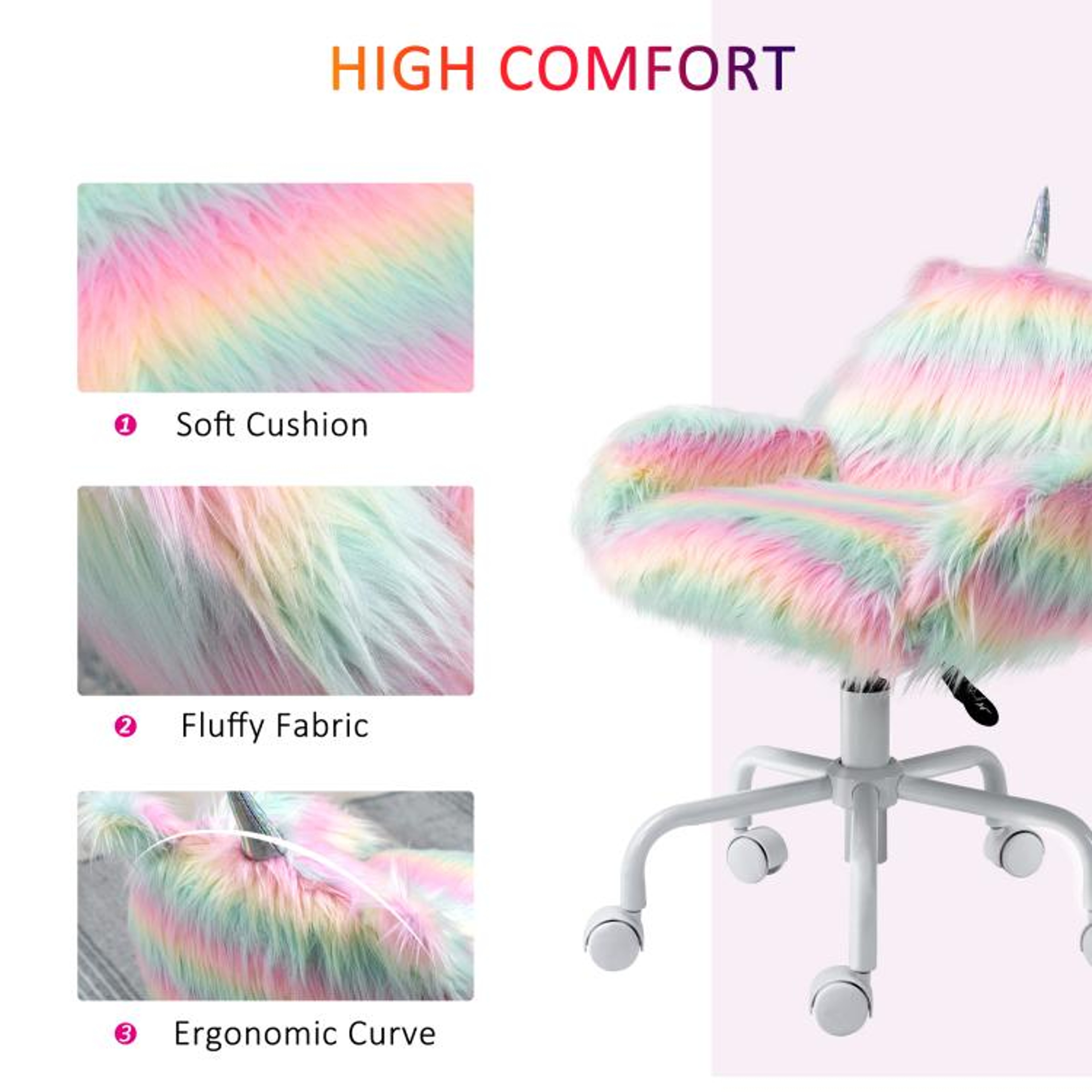 Fluffy Rainbow Unicorn Office Chair With Adjustable Height And Swivel Wheels 5